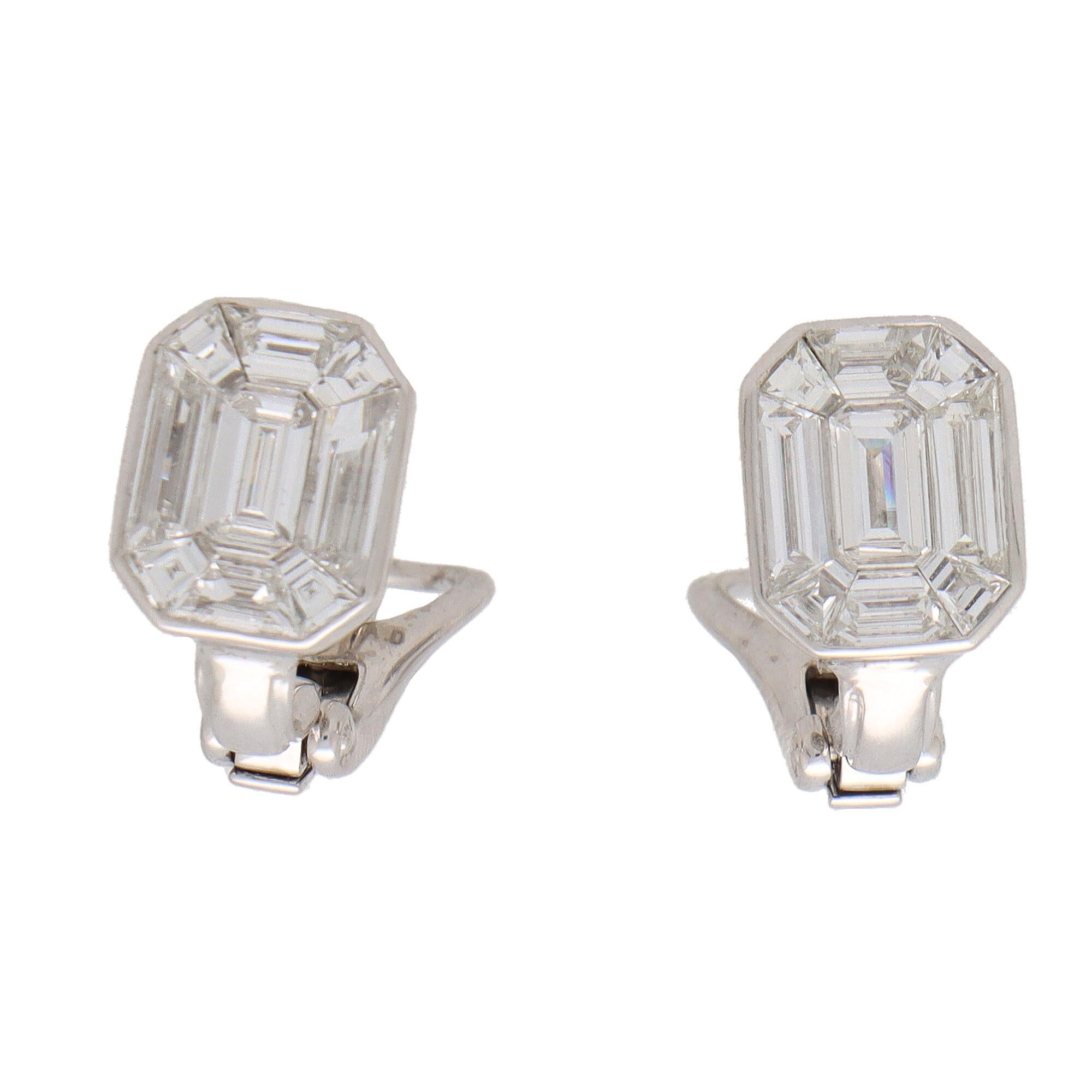 Women's or Men's Art Deco Style Emerald Cut Diamond Cluster Earrings in Platinum