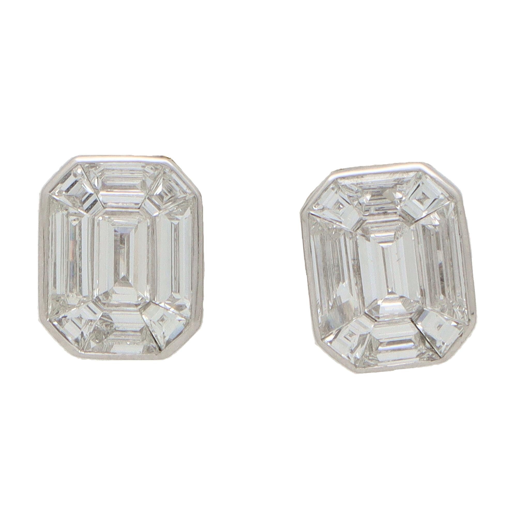 Art Deco Style Emerald Cut Diamond Cluster Earrings in Platinum 2