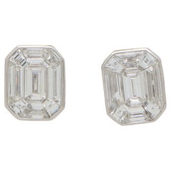 Art Deco Style Emerald Cut Diamond Cluster Earrings in Platinum