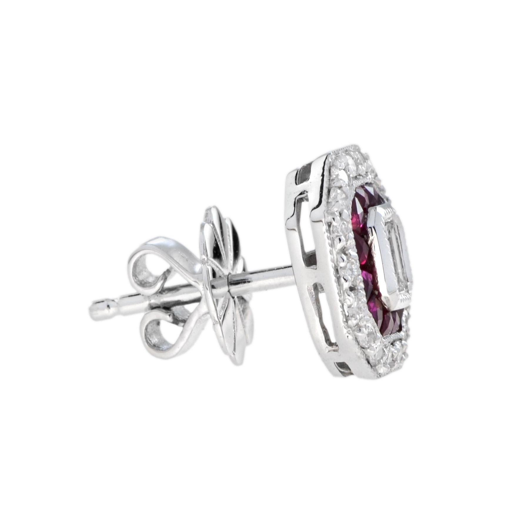These Art-Deco stud earrings are completely spectacular! The vibrant color stone is a specialty cut to surround the excellent emerald cut center diamond, which is in a thin bezel with mil-grain detail. 14K White Gold. 
Earrings Information
Style: