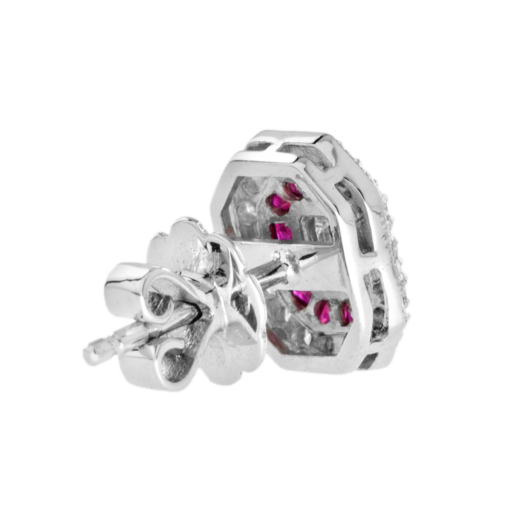 Art Deco Style Emerald Cut Diamond & Ruby 14K White Gold Stud Earrings In New Condition For Sale In Oakton, VA
