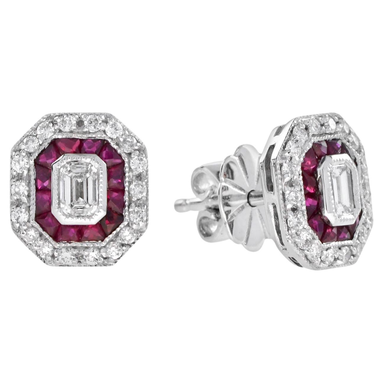 Art Deco Style Emerald Cut Diamond & Ruby 14K White Gold Stud Earrings For Sale