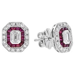 Art Deco Style Emerald Cut Diamond & Ruby 14K White Gold Stud Earrings