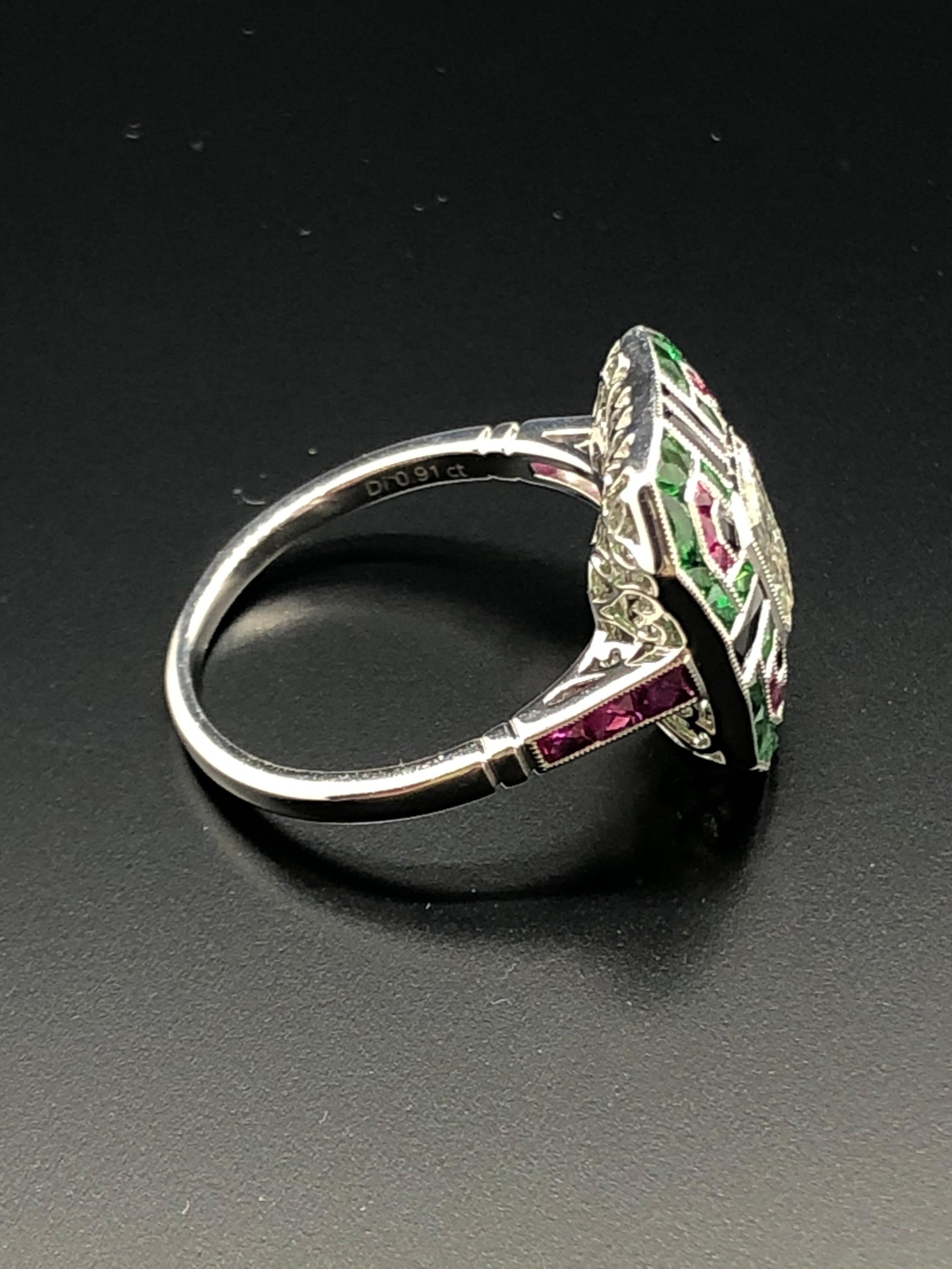 Emerald Cut Art Deco Style Emerald-Cut Diamond, Tsavorite, Black Onyx and Ruby Ring For Sale