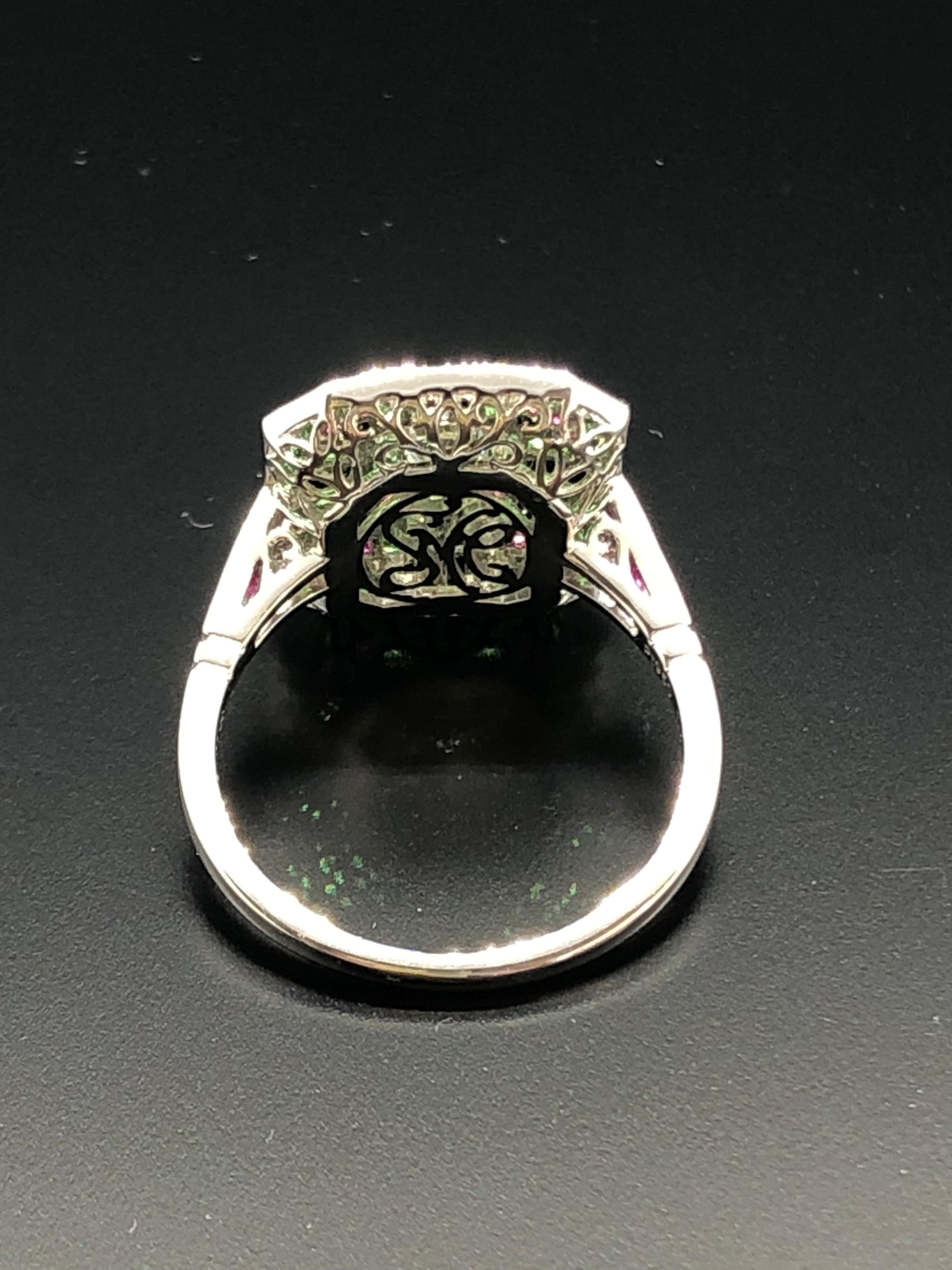 Art Deco Style Emerald-Cut Diamond, Tsavorite, Black Onyx and Ruby Ring In New Condition For Sale In New York, NY
