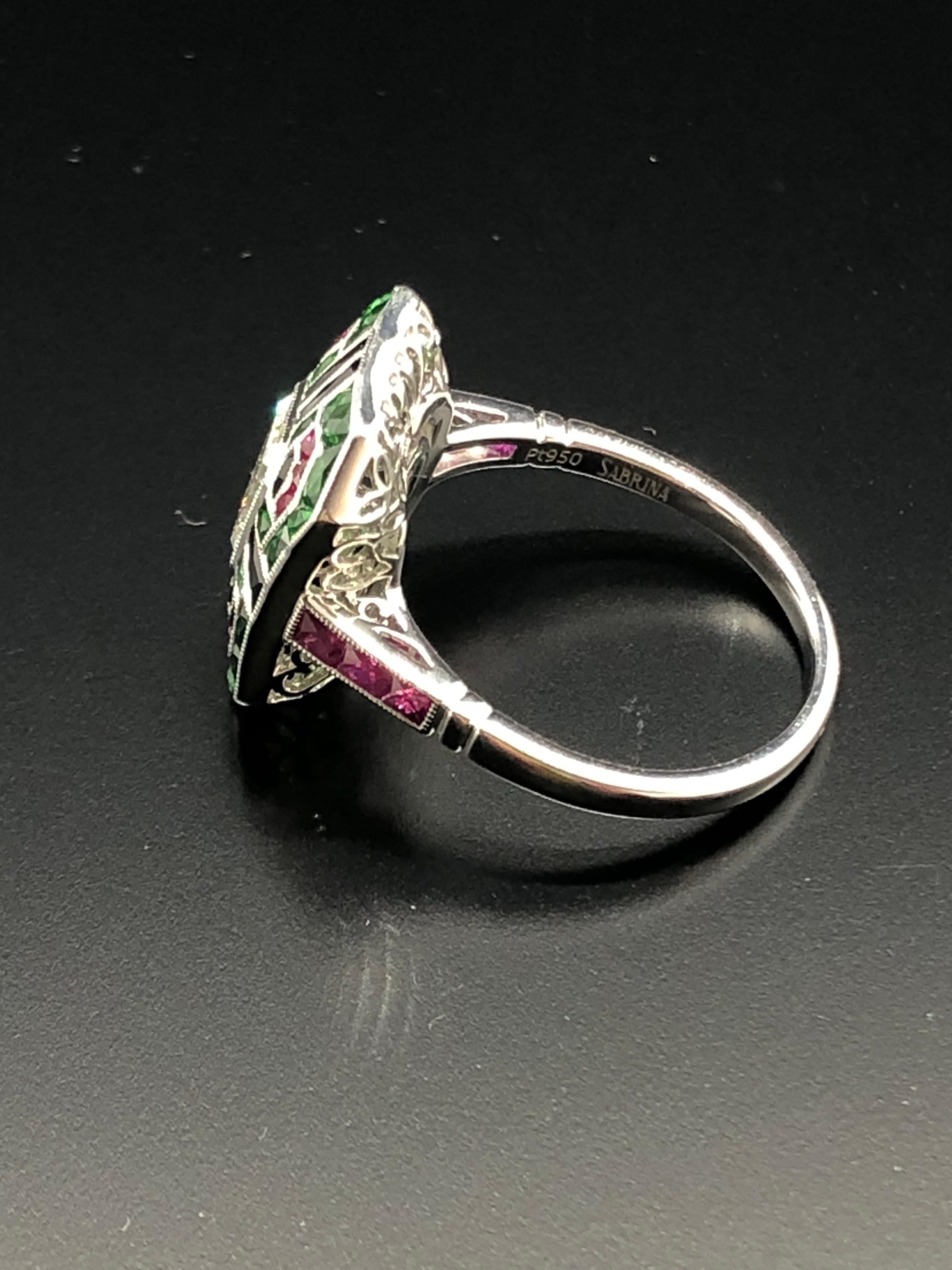 Women's Art Deco Style Emerald-Cut Diamond, Tsavorite, Black Onyx and Ruby Ring For Sale