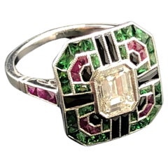 Used Art Deco Style Emerald-Cut Diamond, Tsavorite, Black Onyx and Ruby Ring