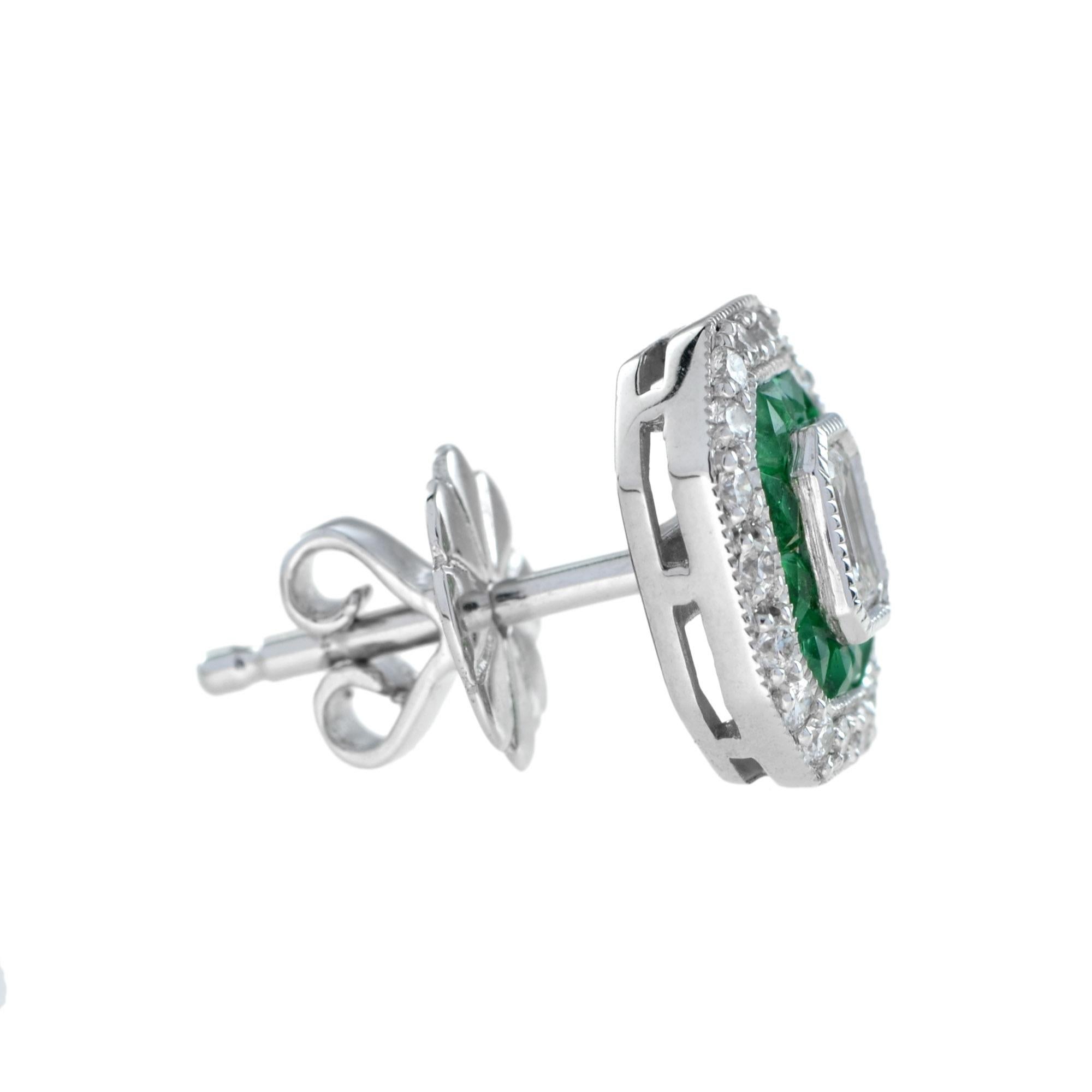 These Art-Deco stud earrings are completely spectacular! The vibrant color stone (you can select Blue Sapphire, Emerald, or Ruby) is a specialty cut to surround the excellent emerald  cut center diamond, which is in a thin bezel with mil-grain
