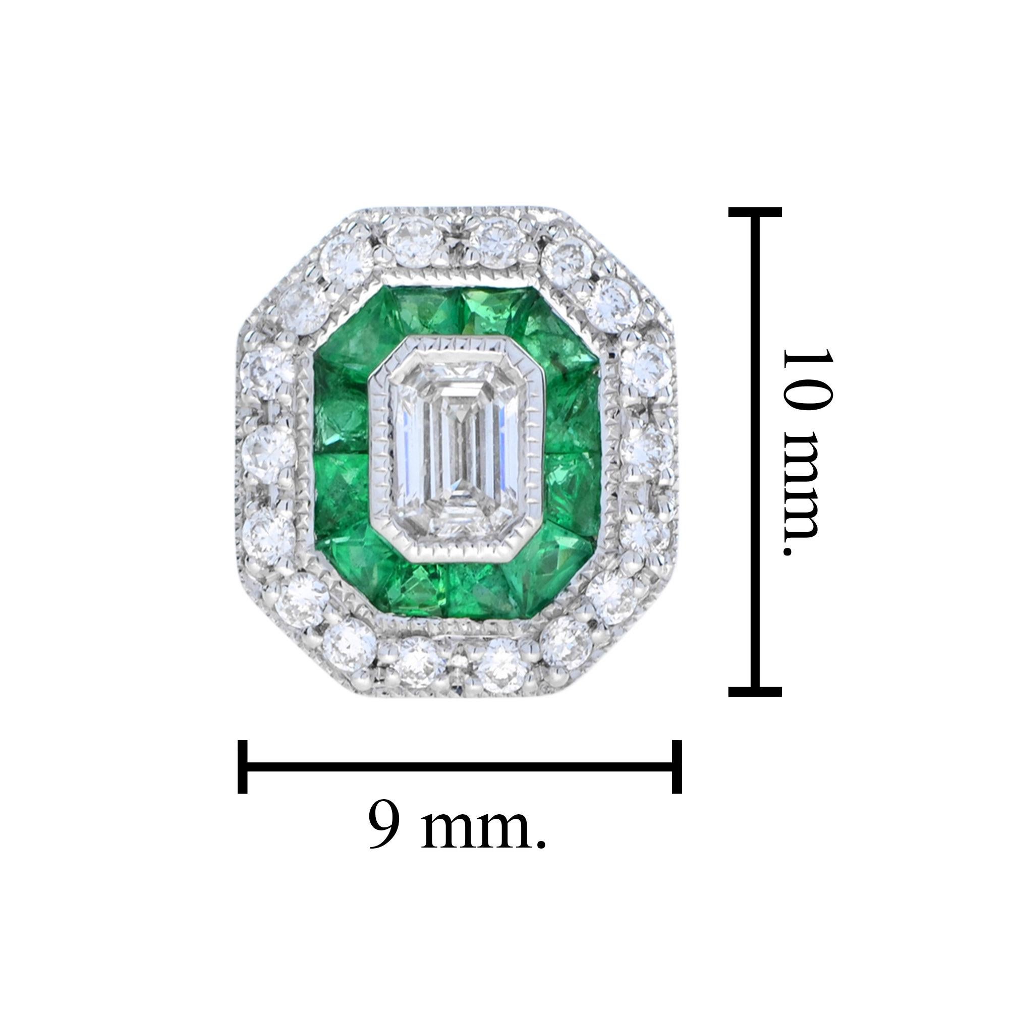 Women's or Men's Art Deco Style Emerald Cut Diamond with Emerald Stud Earrings in 18K White Gold For Sale