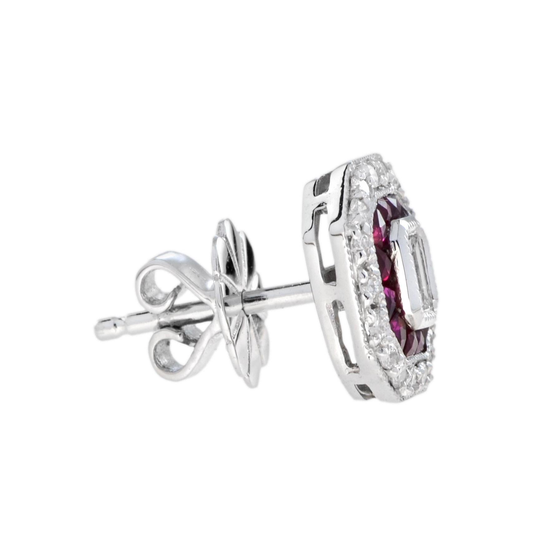 Art Deco Style Emerald Cut Diamond with Ruby Stud Earrings in 18K White Gold In New Condition For Sale In Bangkok, TH