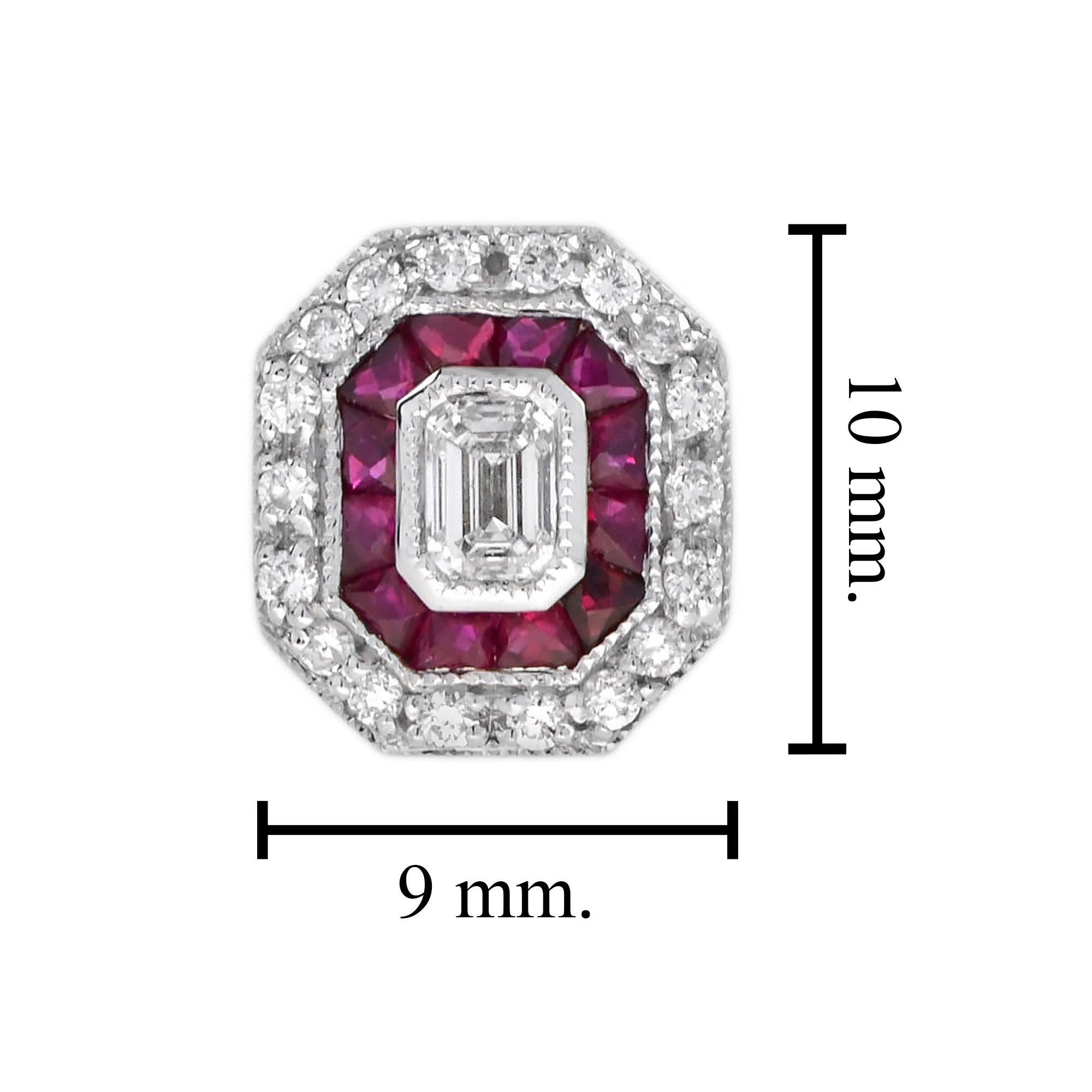 Art Deco Style Emerald Cut Diamond with Ruby Stud Earrings in 18K White Gold For Sale 1