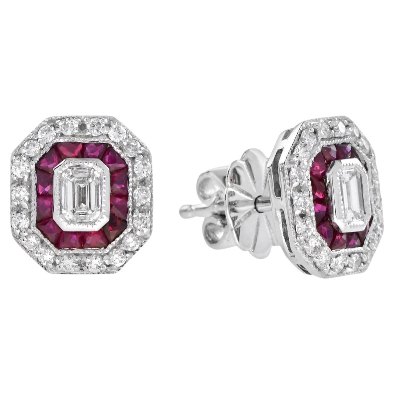 Art Deco Style Emerald Cut Diamond with Ruby Stud Earrings in 18K White Gold For Sale
