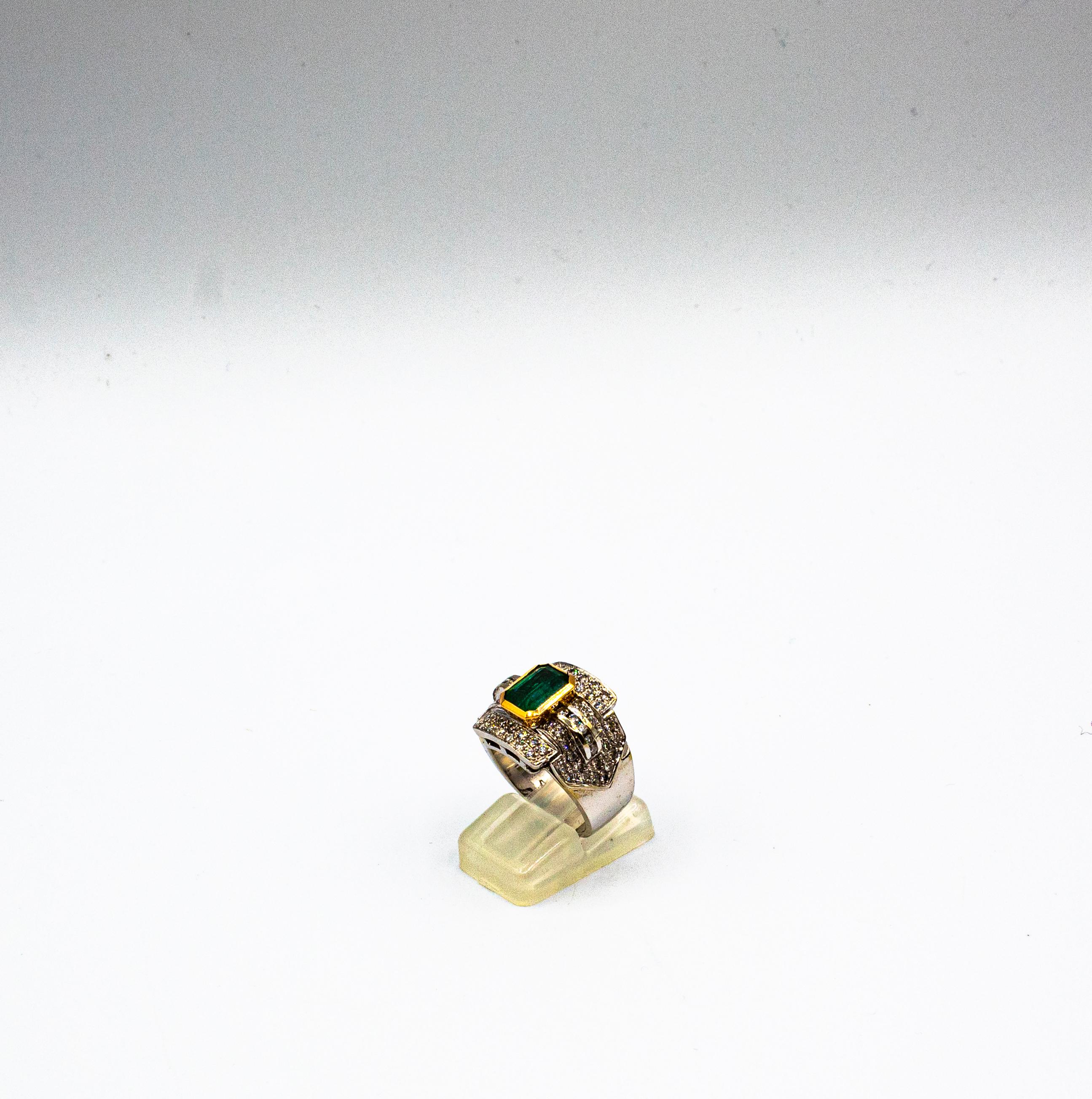 Brilliant Cut Art Deco Style Emerald Cut Emerald White Diamond White Gold Cocktail Ring For Sale