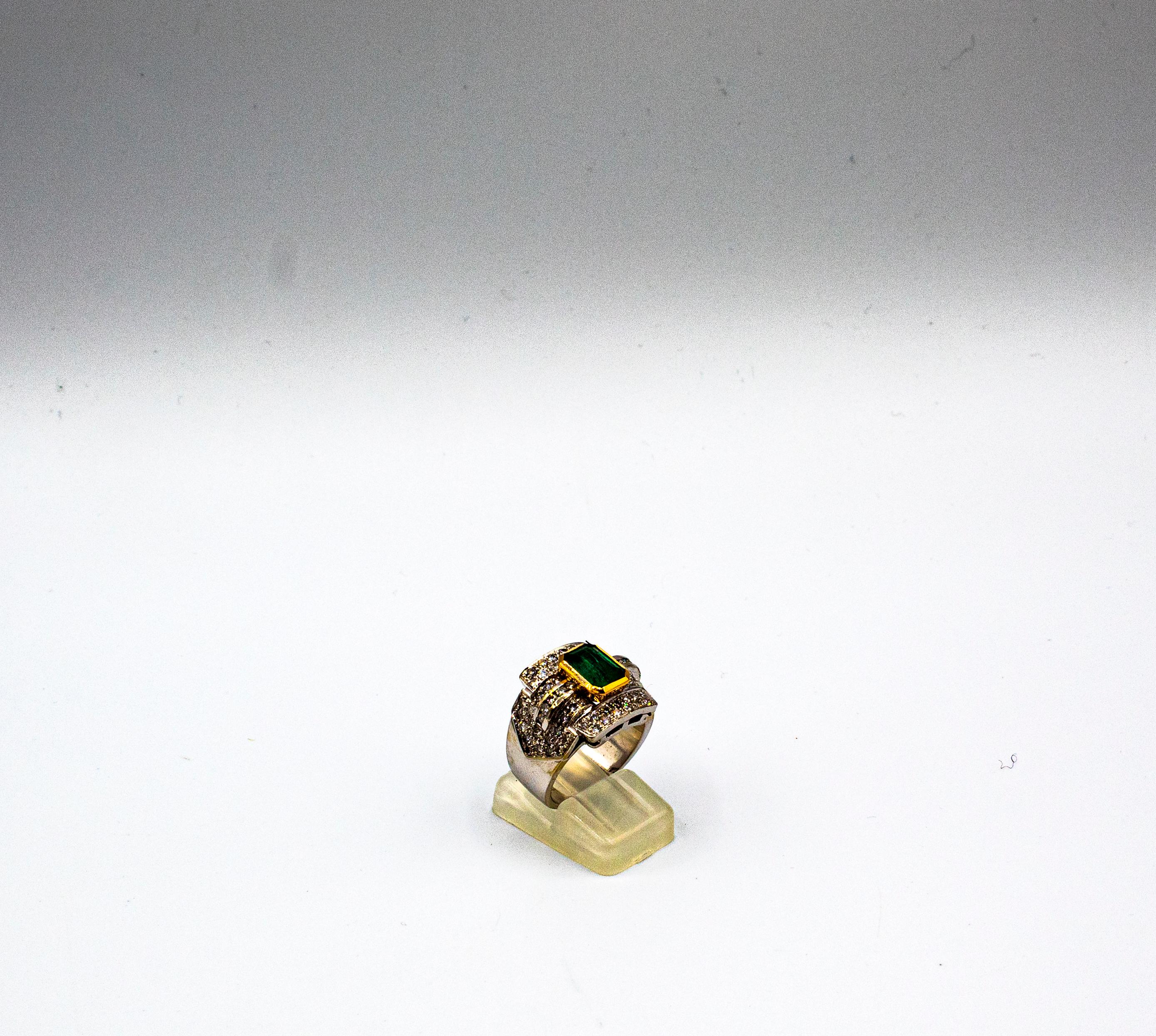 Art Deco Style Emerald Cut Emerald White Diamond White Gold Cocktail Ring For Sale 1