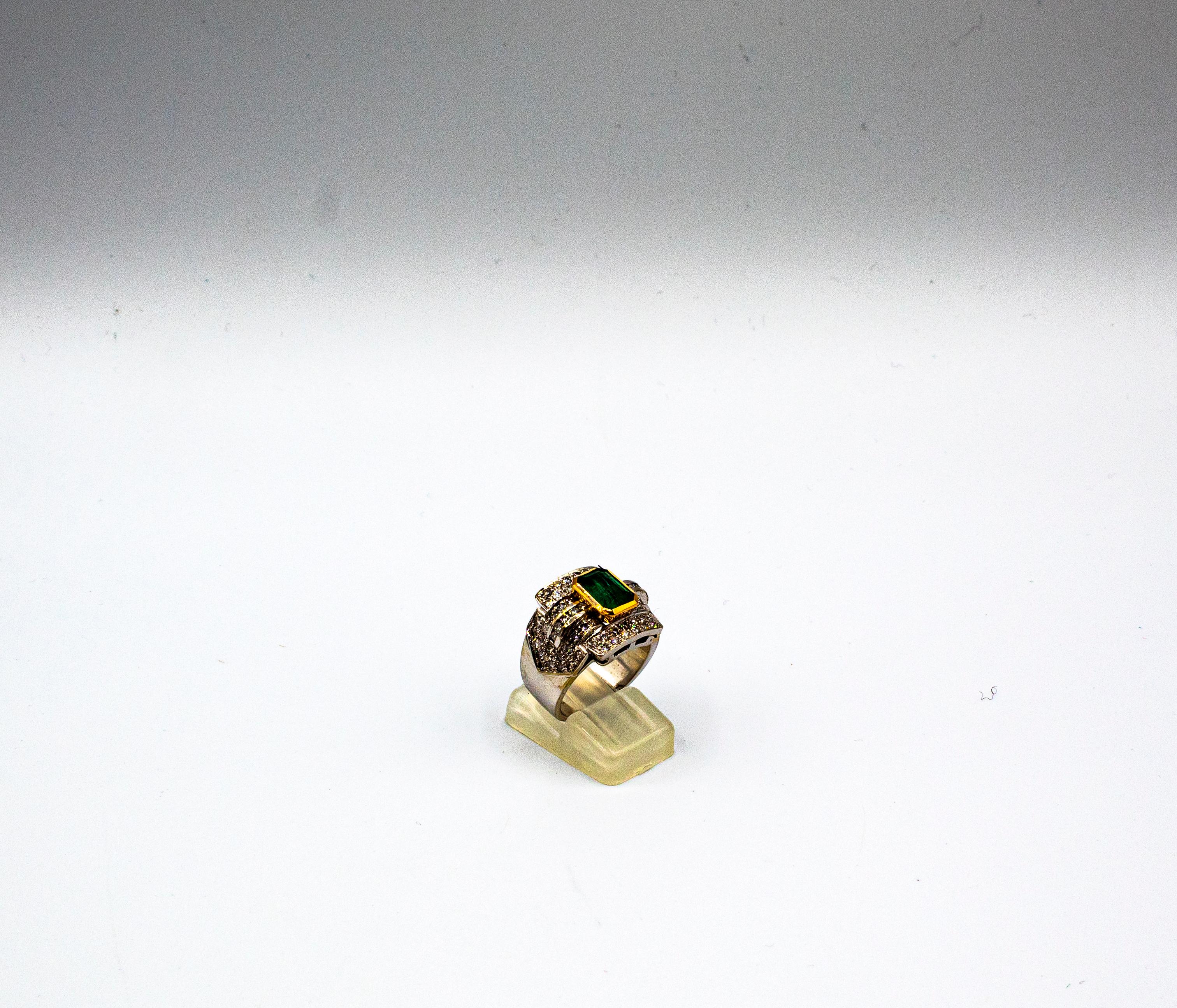 Weißgold-Cocktailring im Art-déco-Stil mit Smaragd im Smaragdschliff und weißen Diamanten 1