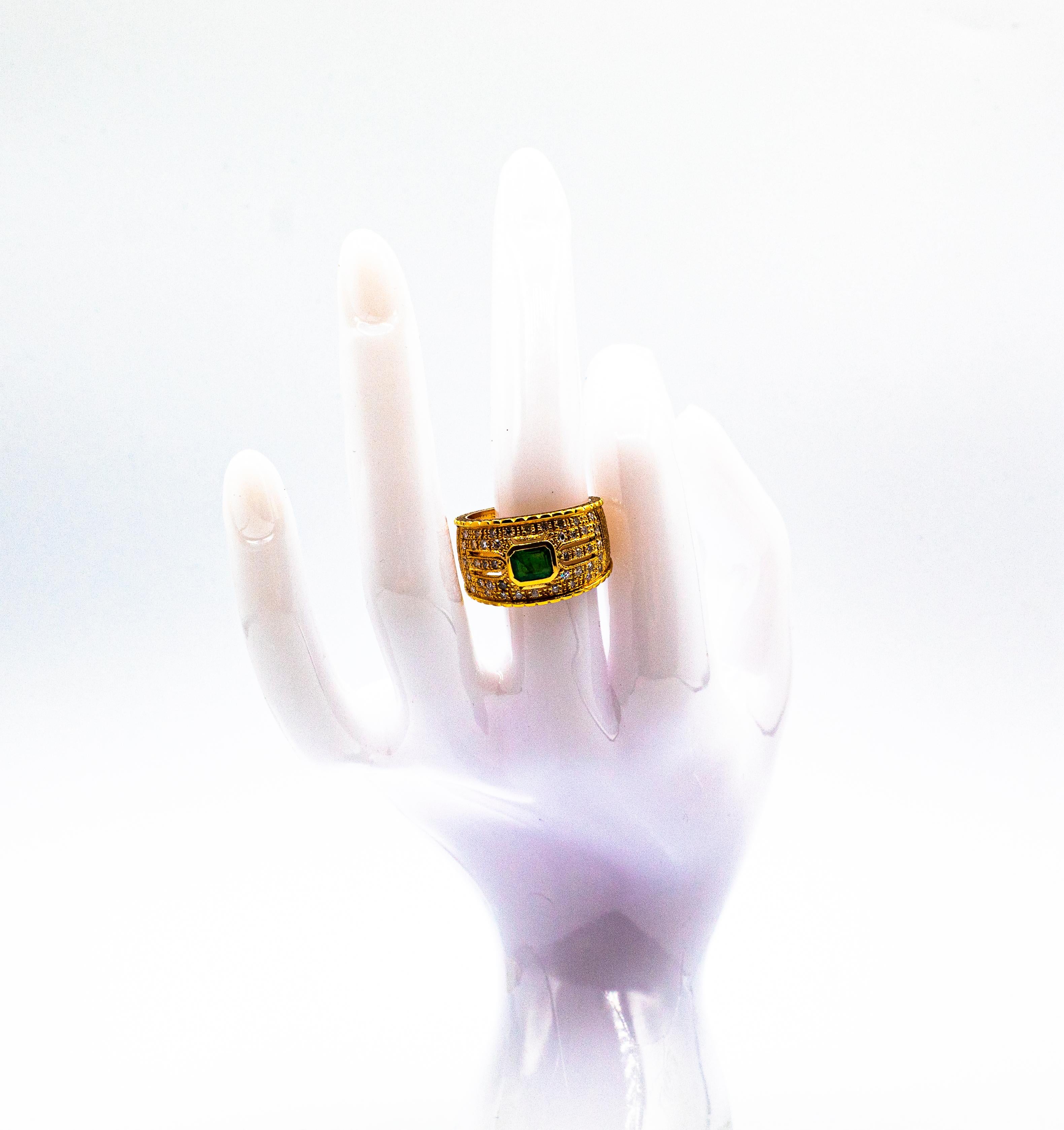 Art Deco Style Emerald Cut Emerald White Diamond Yellow Gold Cocktail Ring For Sale 9