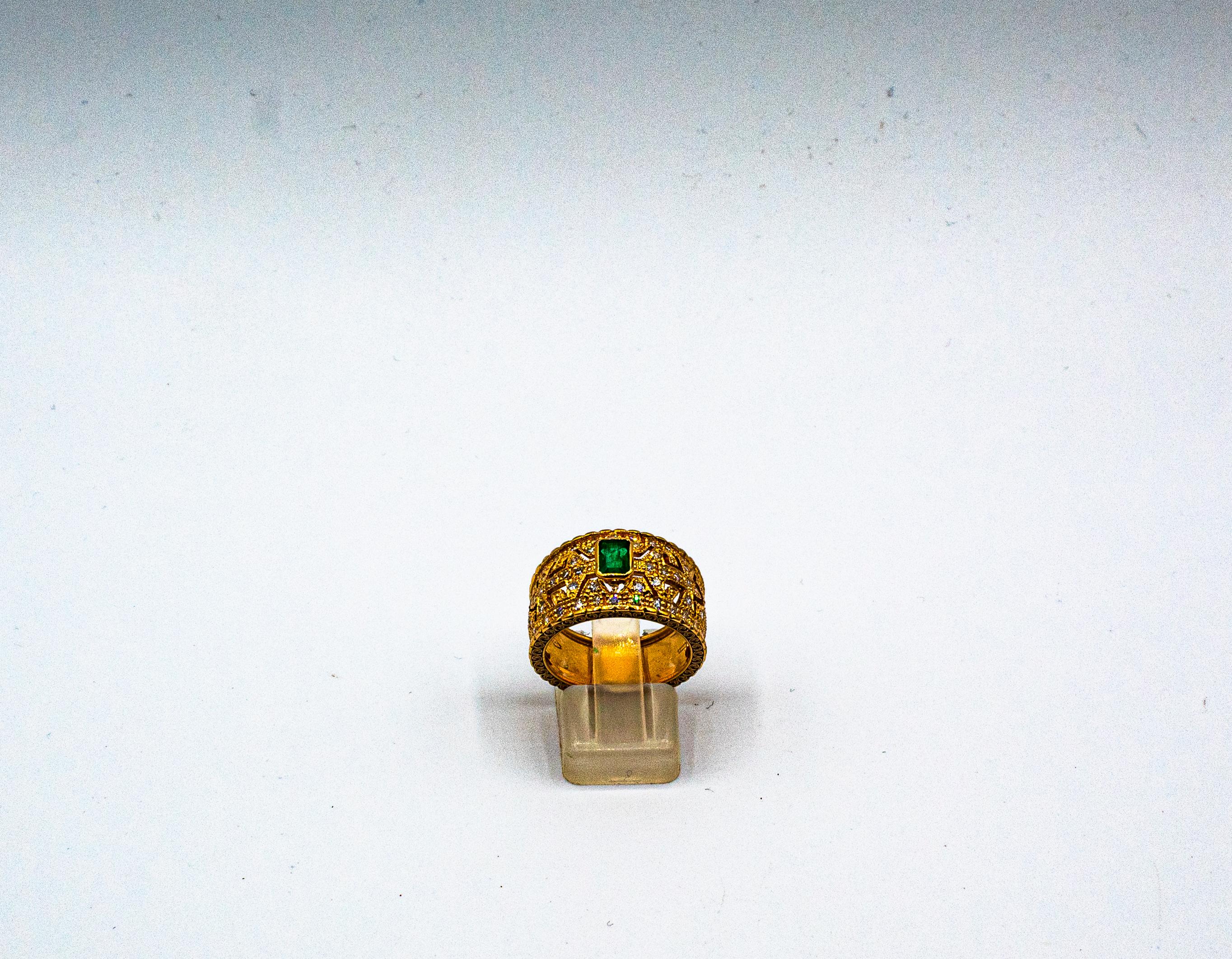 Brilliant Cut Art Deco Style Emerald Cut Emerald White Diamond Yellow Gold Cocktail Ring For Sale