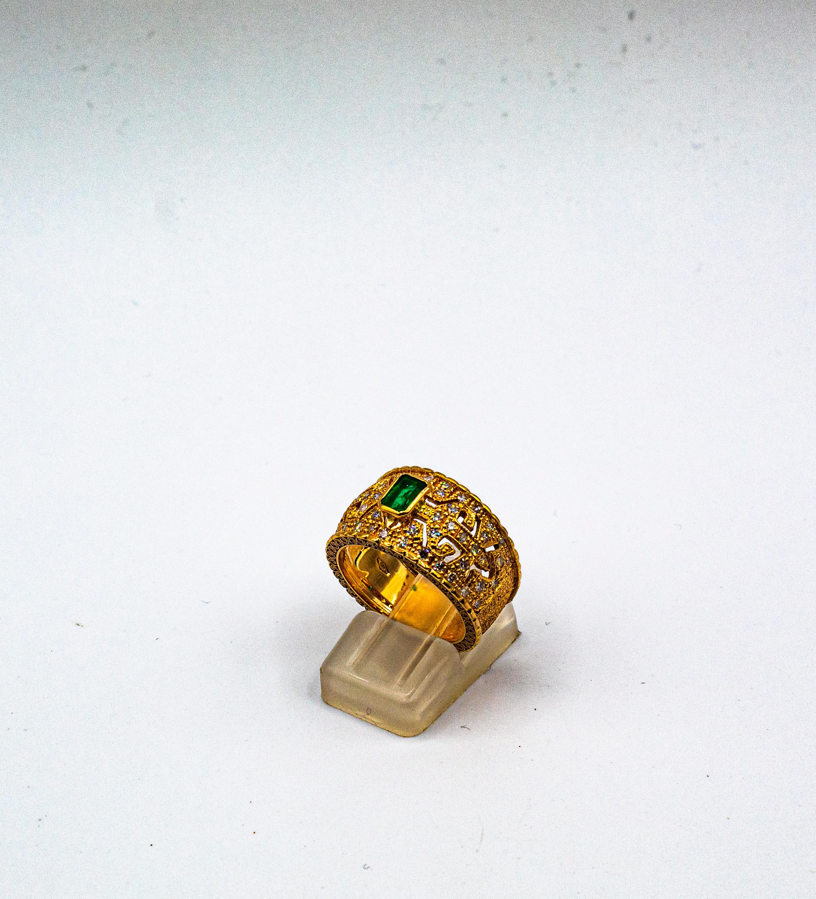 Art Deco Style Emerald Cut Emerald White Diamond Yellow Gold Cocktail Ring In New Condition For Sale In Naples, IT