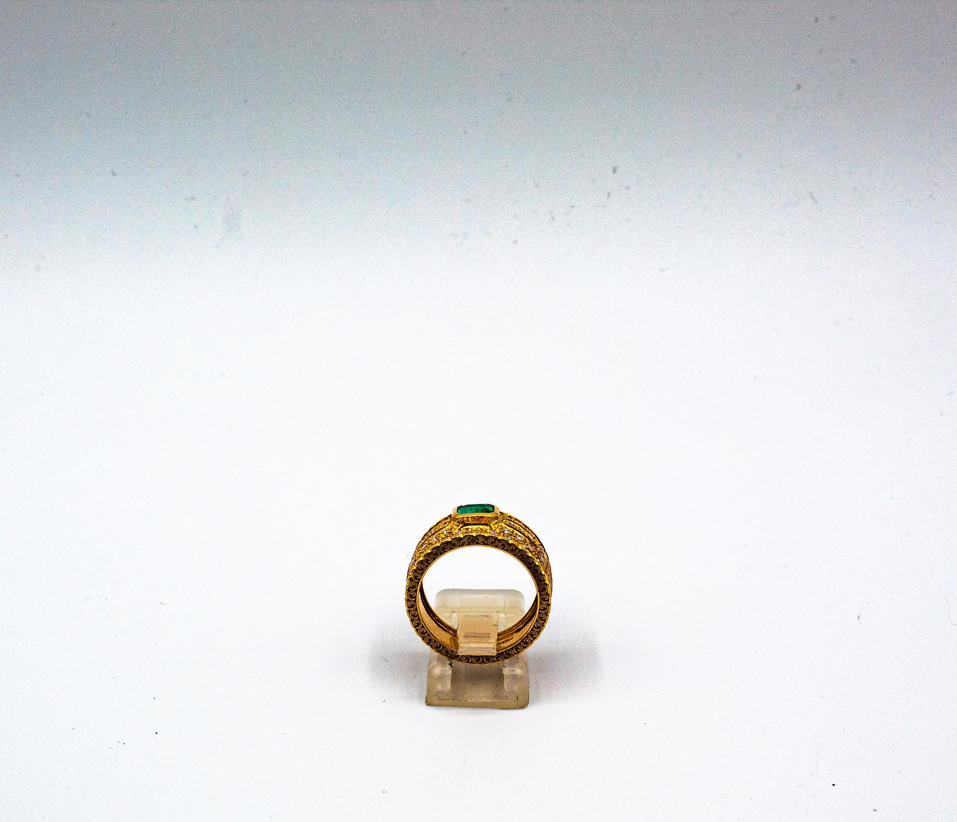 Gelbgold-Cocktailring im Art-déco-Stil mit Smaragd im Smaragdschliff und weißem Diamanten (Brillantschliff) im Angebot