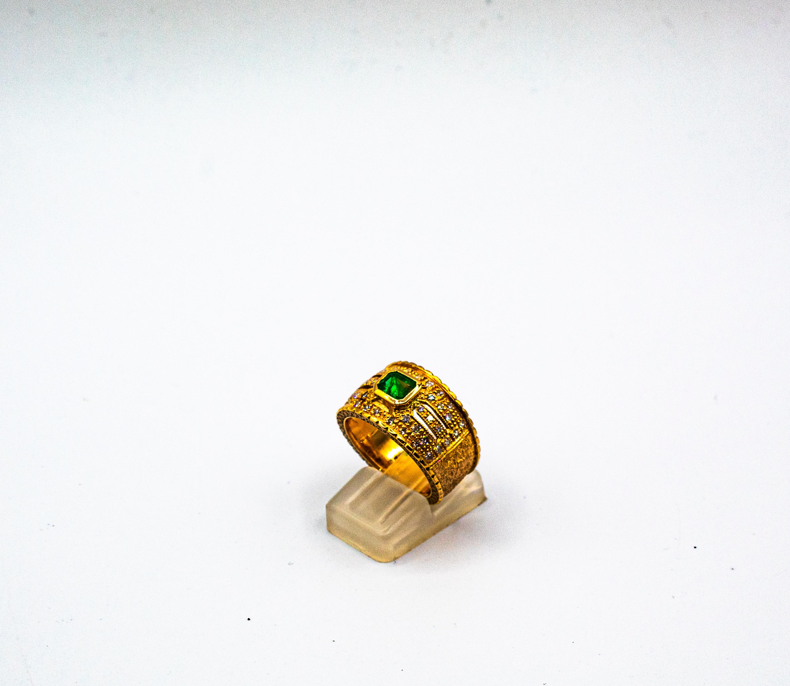 Women's or Men's Art Deco Style Emerald Cut Emerald White Diamond Yellow Gold Cocktail Ring For Sale