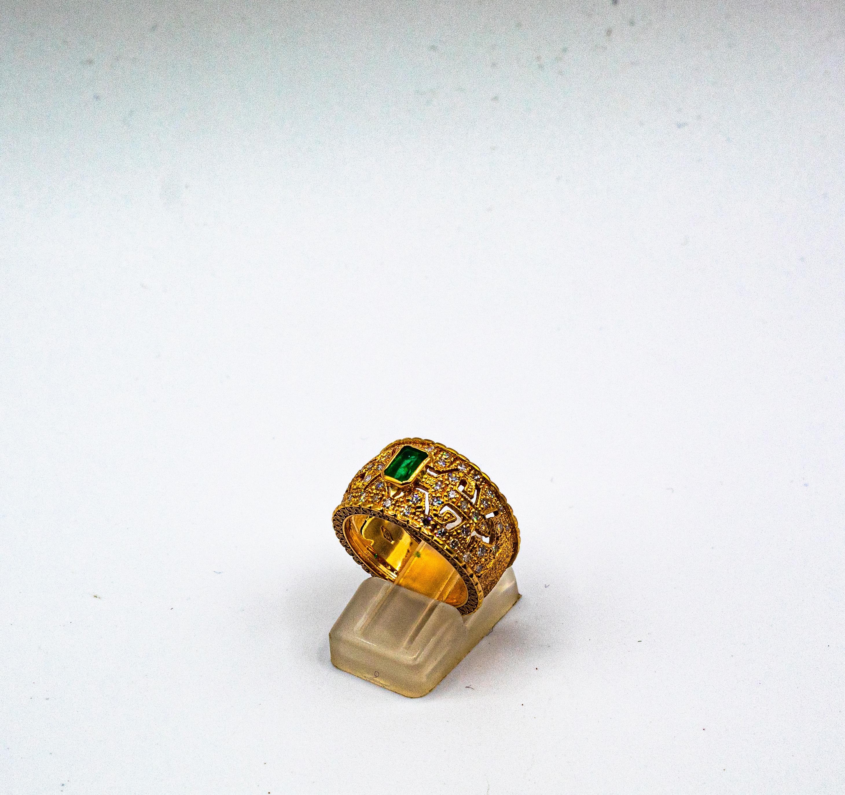 Women's or Men's Art Deco Style Emerald Cut Emerald White Diamond Yellow Gold Cocktail Ring For Sale