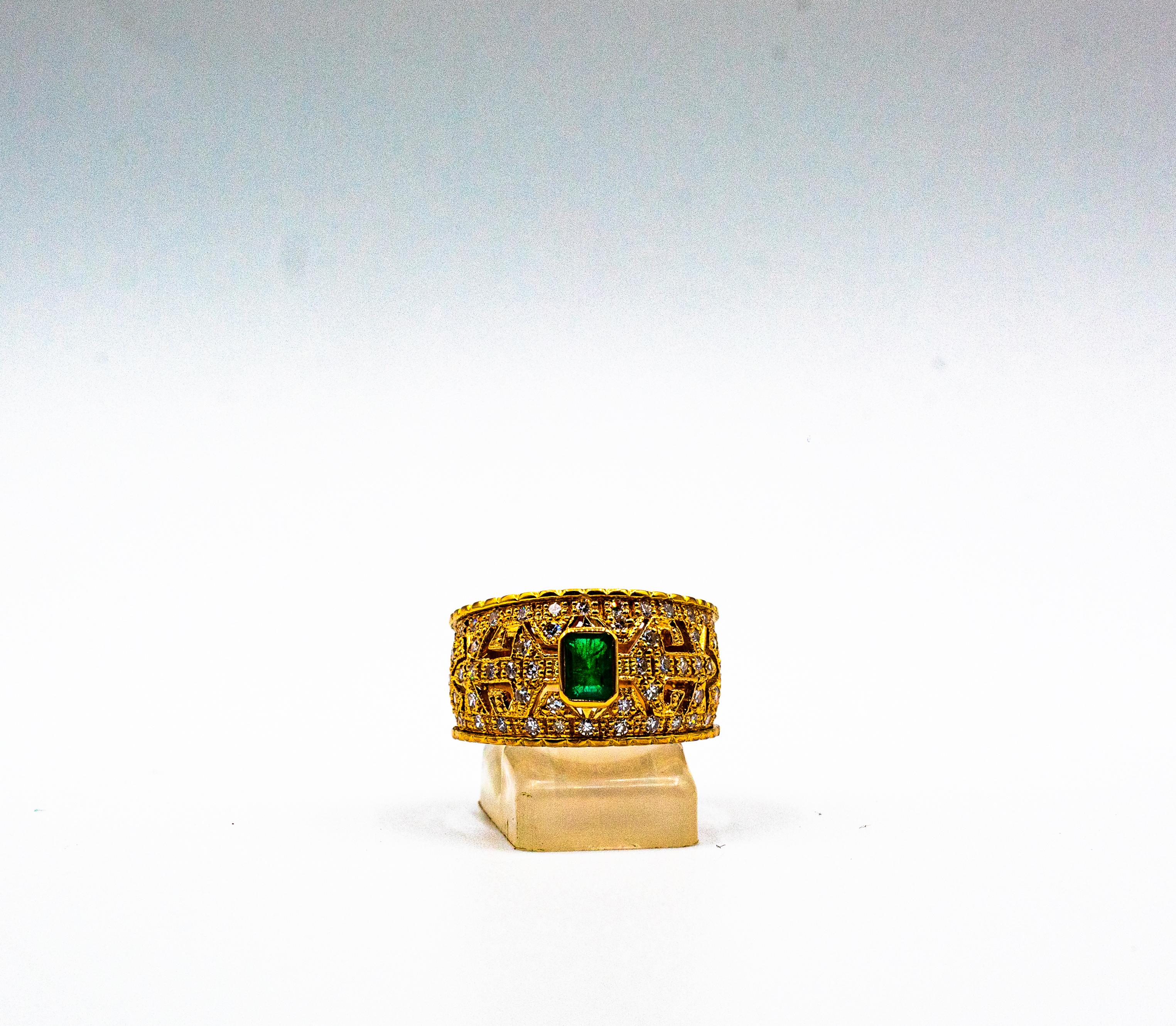 Art Deco Style Emerald Cut Emerald White Diamond Yellow Gold Cocktail Ring For Sale 3