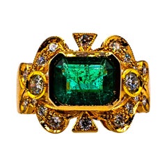 Art Deco Style Emerald Cut Emerald White Diamond Yellow Gold Cocktail Ring Art Deco Style Emerald Cut Emerald White Diamond Yellow Gold Cocktail Ring