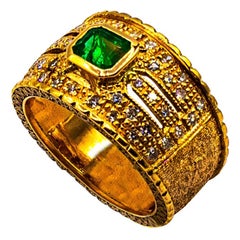 Art Deco Style Emerald Cut Emerald White Diamond Yellow Gold Cocktail Ring
