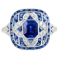 Art Deco Style Emerald Cut Octagon Sapphire Diamond 2.72 TCW Platinum Ring