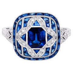 Art Deco Style Emerald Cut Octagon Sapphire Diamond 2.72 TCW Platinum Ring Art Deco Style Emerald Cut Octagon Sapphire Diamond 2.72 TCW Platinum Ring