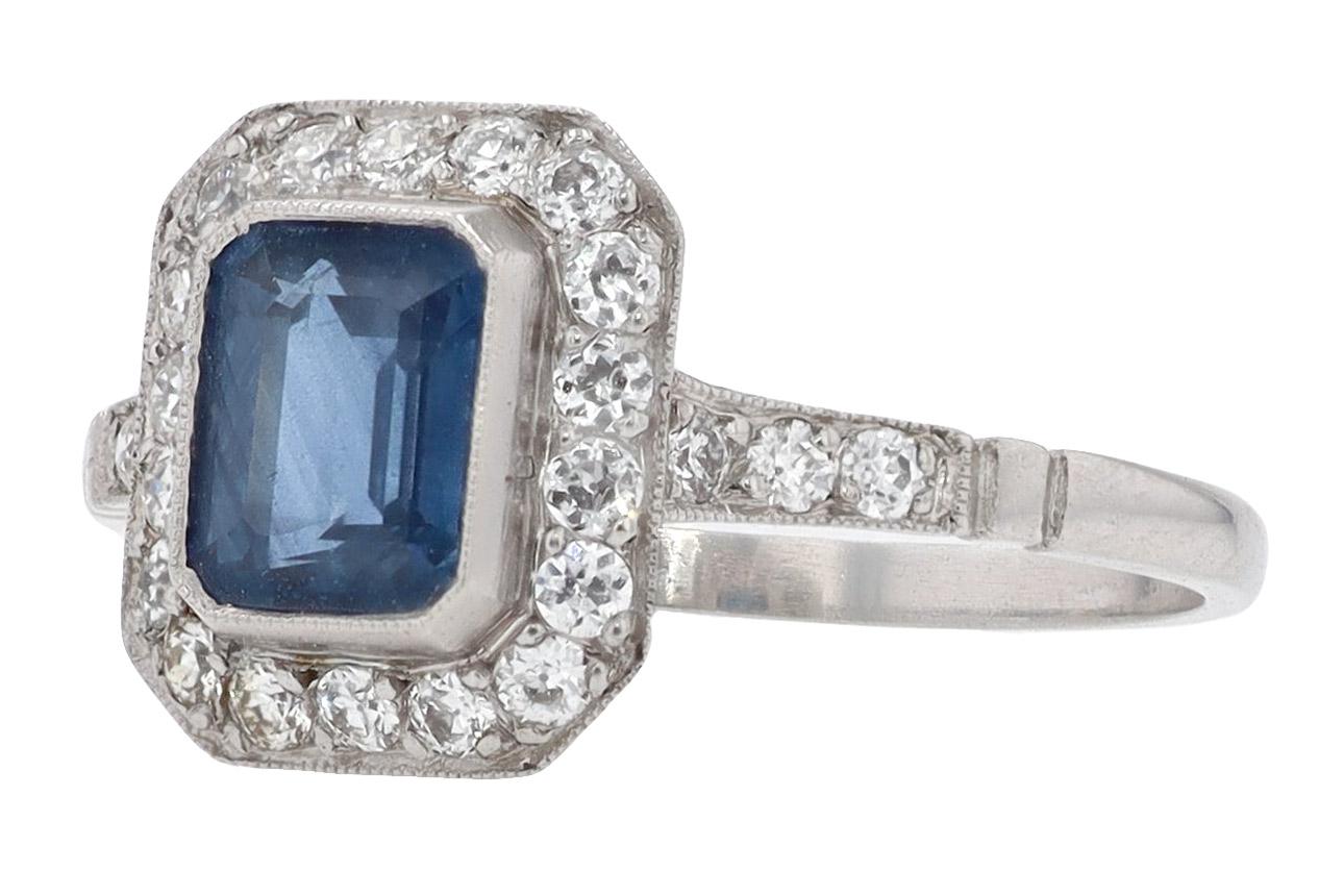 Art Deco Inspired Emerald Cut Sapphire & Diamond Engagement Ring 1