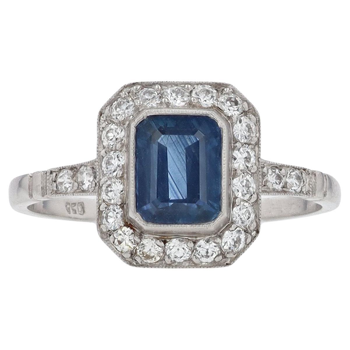 Art Deco Inspired Emerald Cut Sapphire & Diamond Engagement Ring