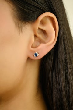 Boucles d'oreilles en or blanc 14 carats, saphir taille émeraude et diamant, style Art Déco