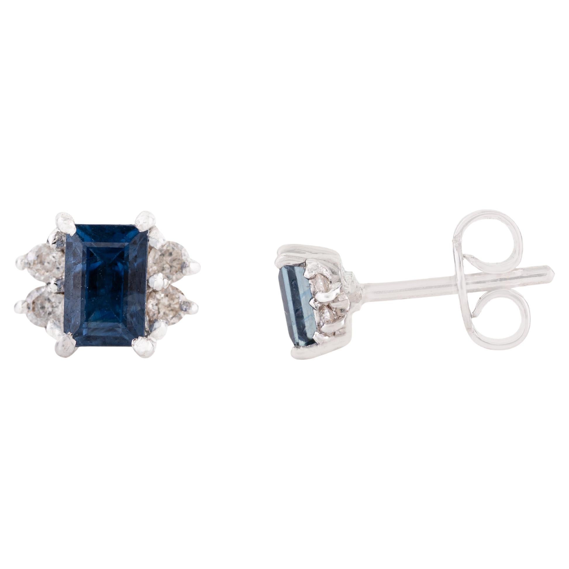 Art Deco Style Emerald Cut Sapphire & Diamond Stud Earrings in 14K White Gold For Sale