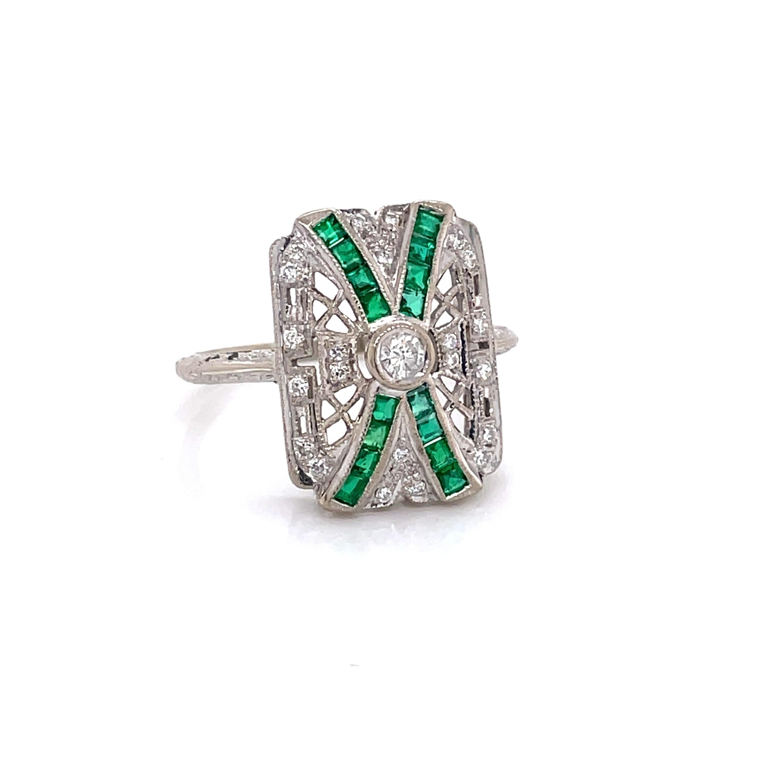 Art Deco Style Emerald Diamond 18K White Gold Ring For Sale 4