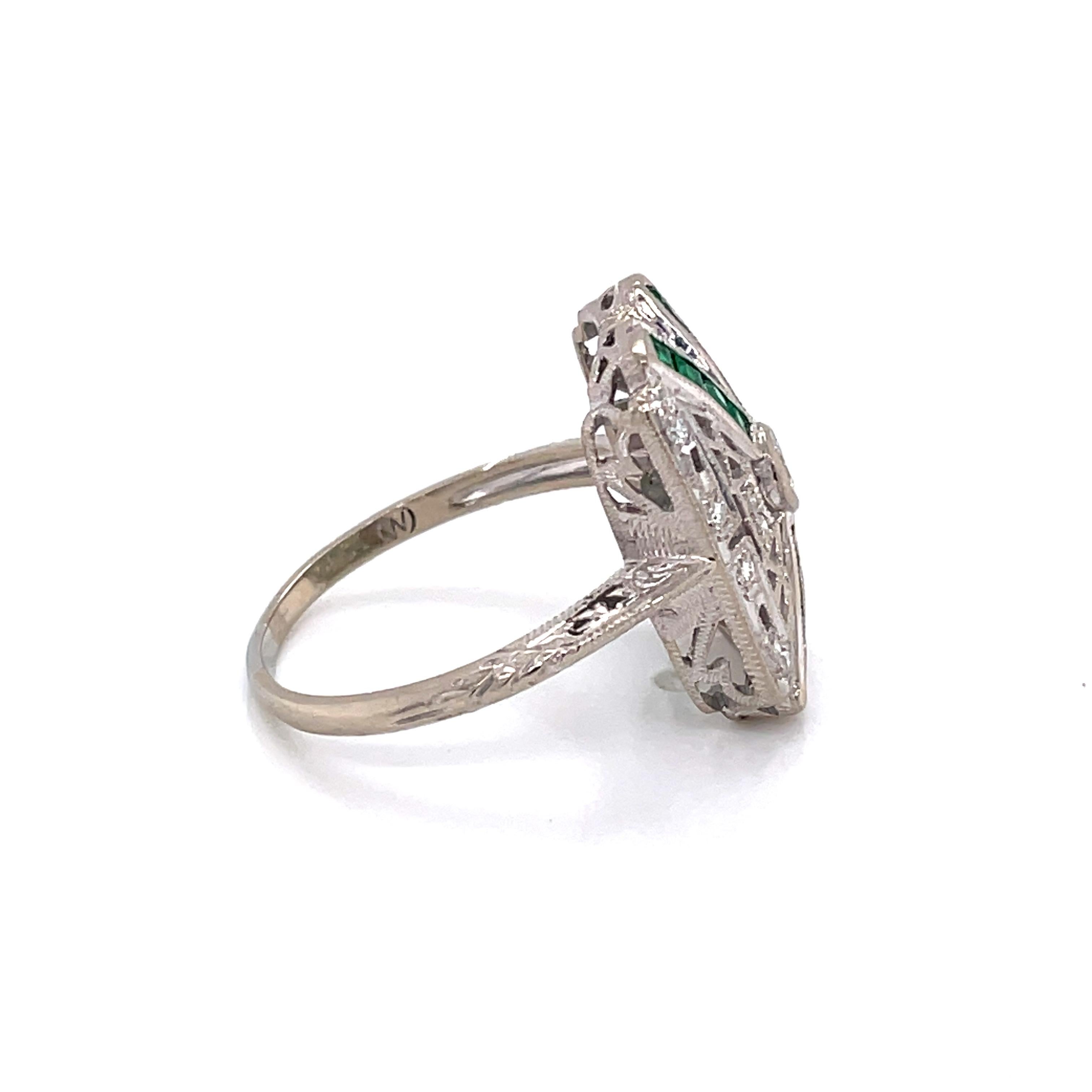 Art Deco Style Emerald Diamond 18K White Gold Ring For Sale 5