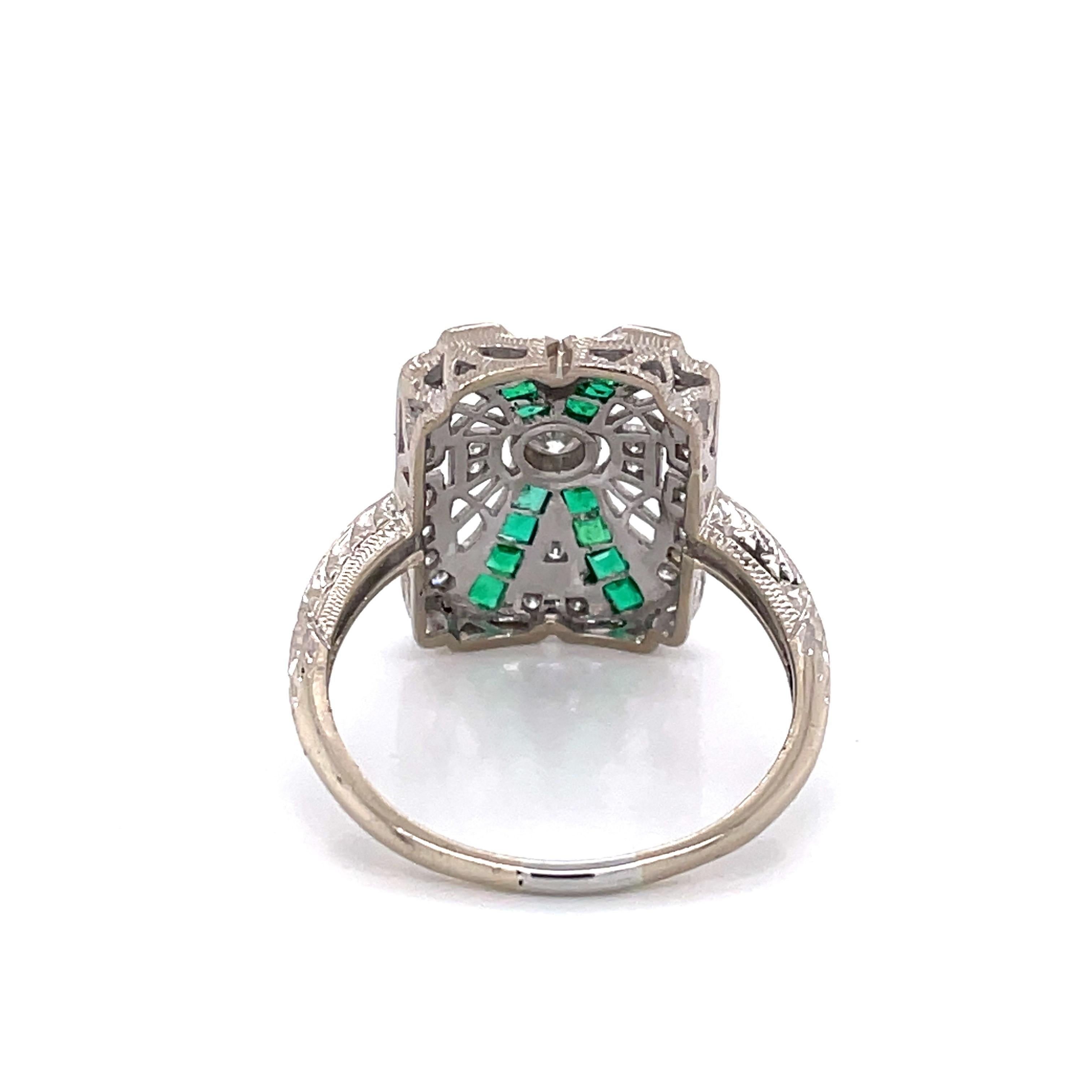Art Deco Style Emerald Diamond 18K White Gold Ring For Sale 6