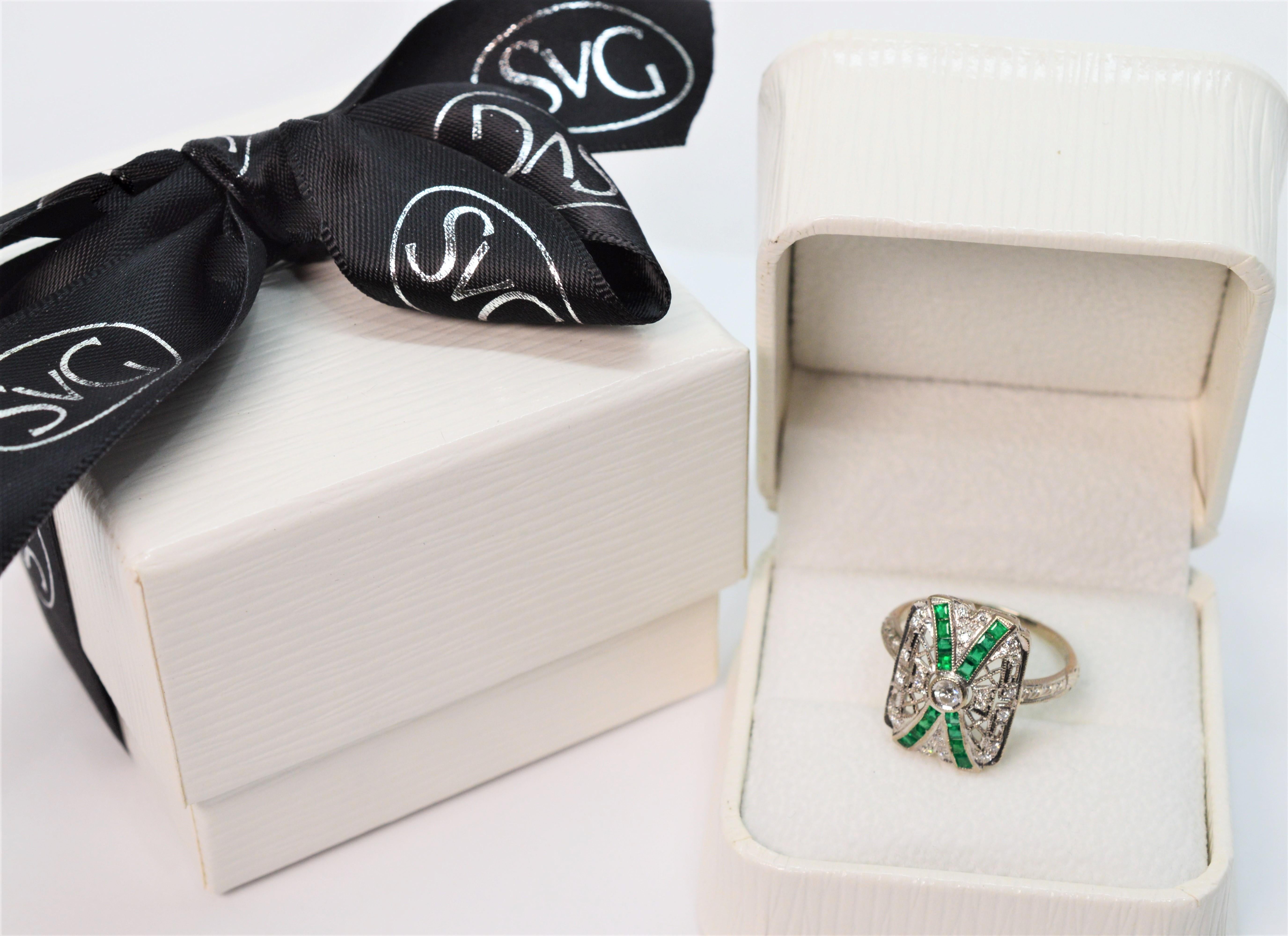 Art Deco Style Emerald Diamond 18K White Gold Ring For Sale 7