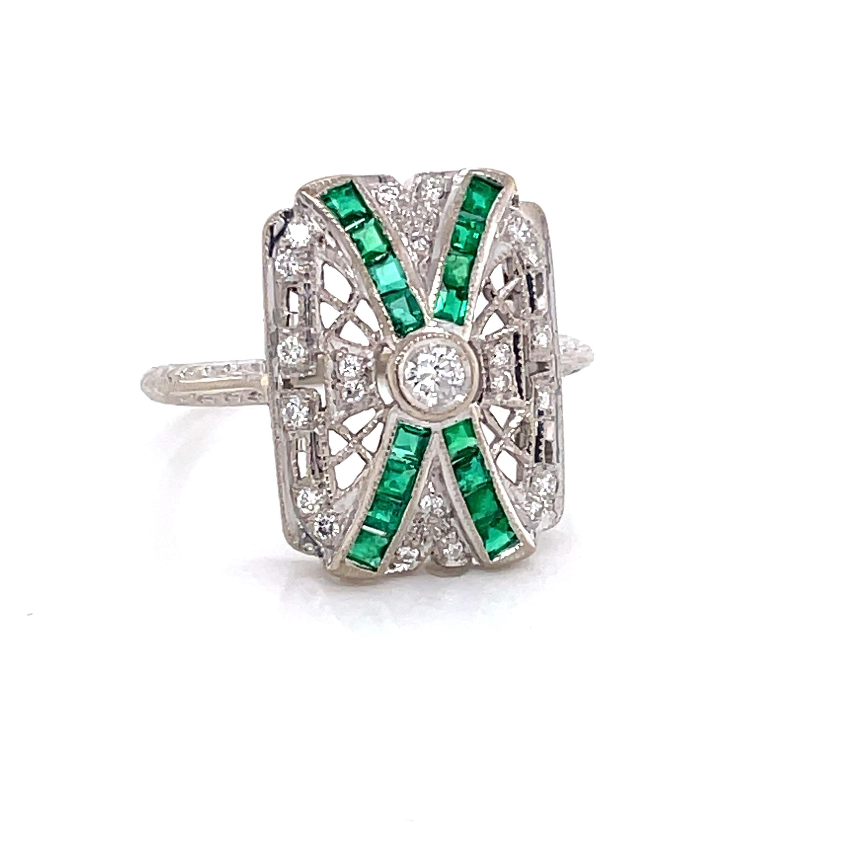 Emerald Cut Art Deco Style Emerald Diamond 18K White Gold Ring For Sale