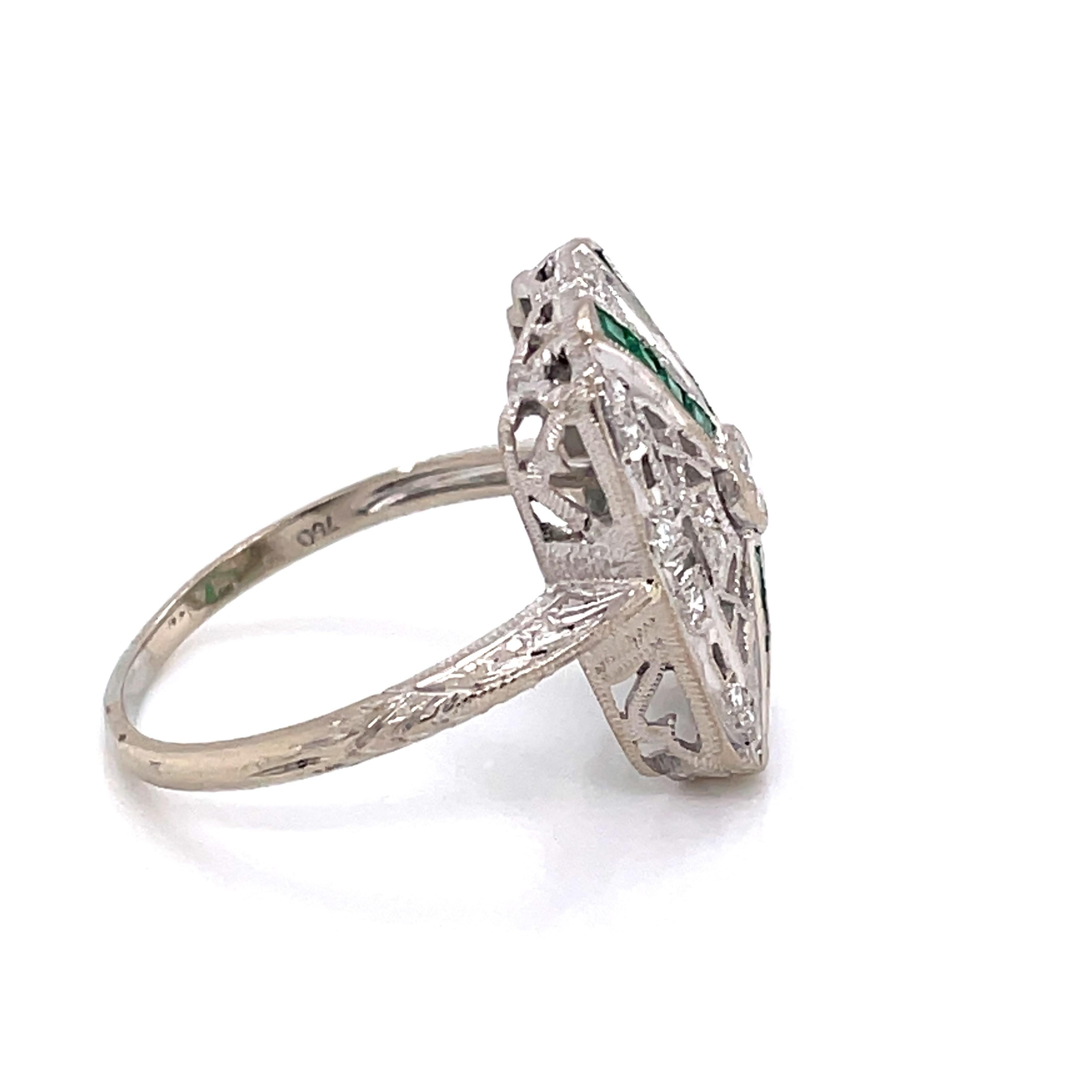 Women's Art Deco Style Emerald Diamond 18K White Gold Ring For Sale