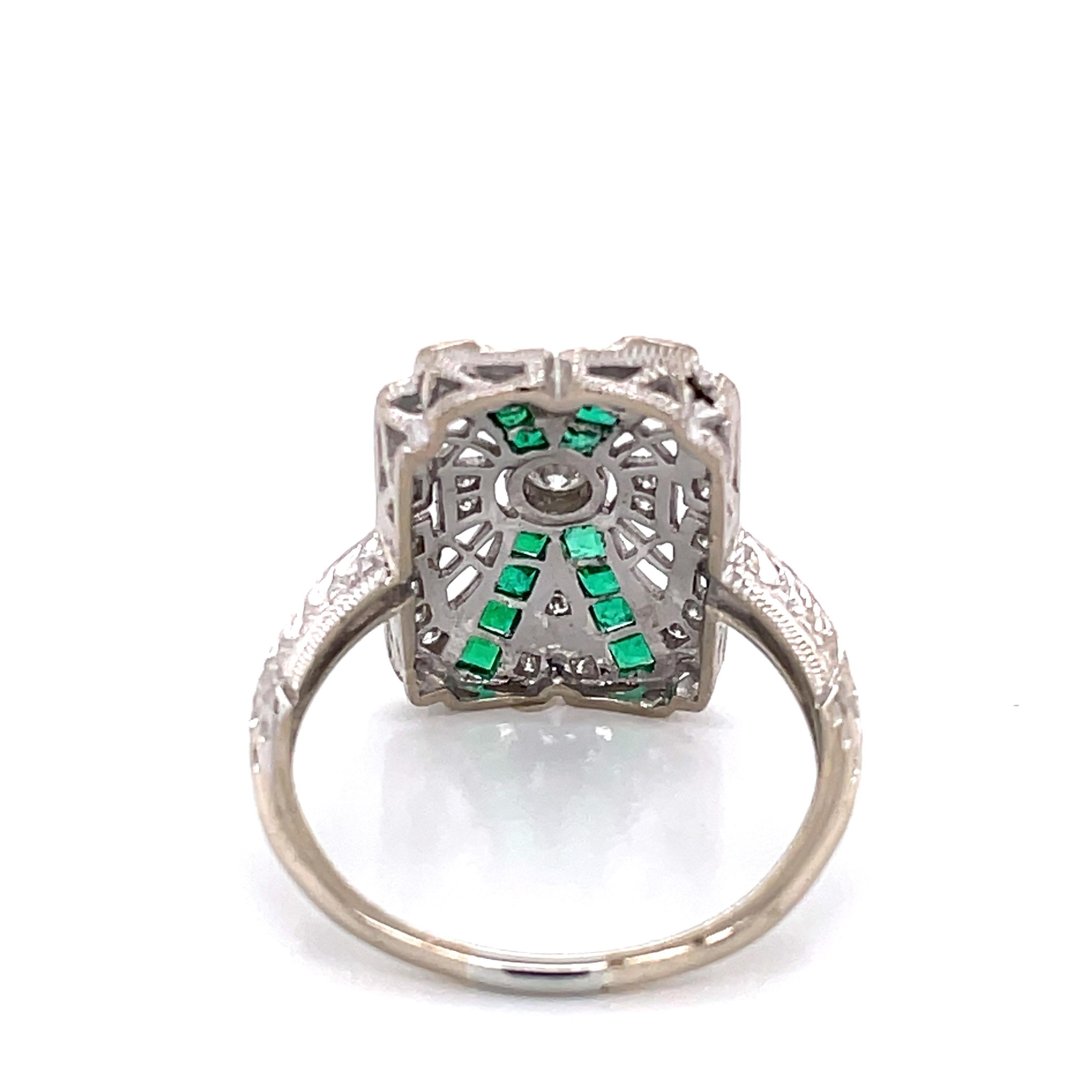 Art Deco Style Emerald Diamond 18K White Gold Ring For Sale 1