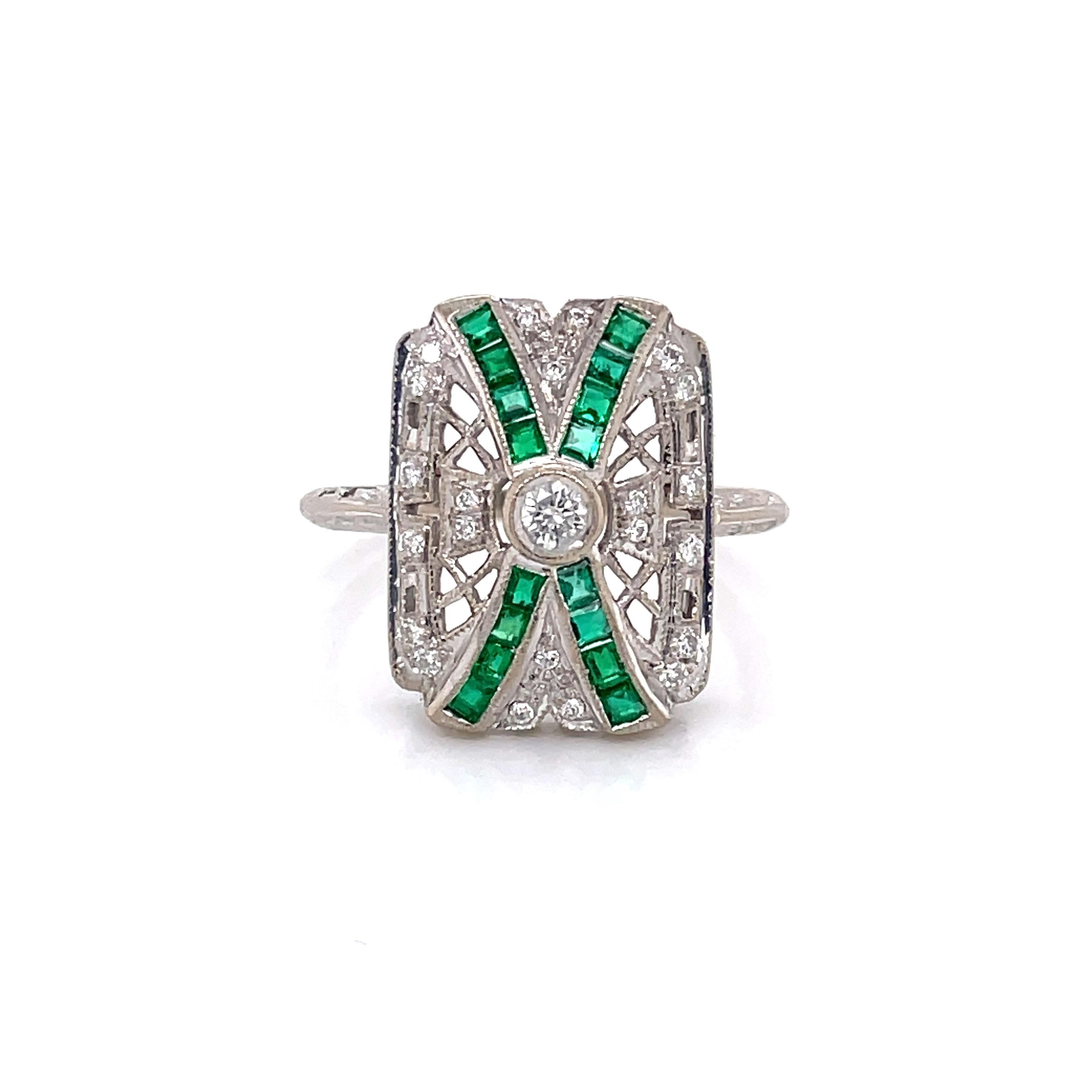 Art Deco Style Emerald Diamond 18K White Gold Ring For Sale 2