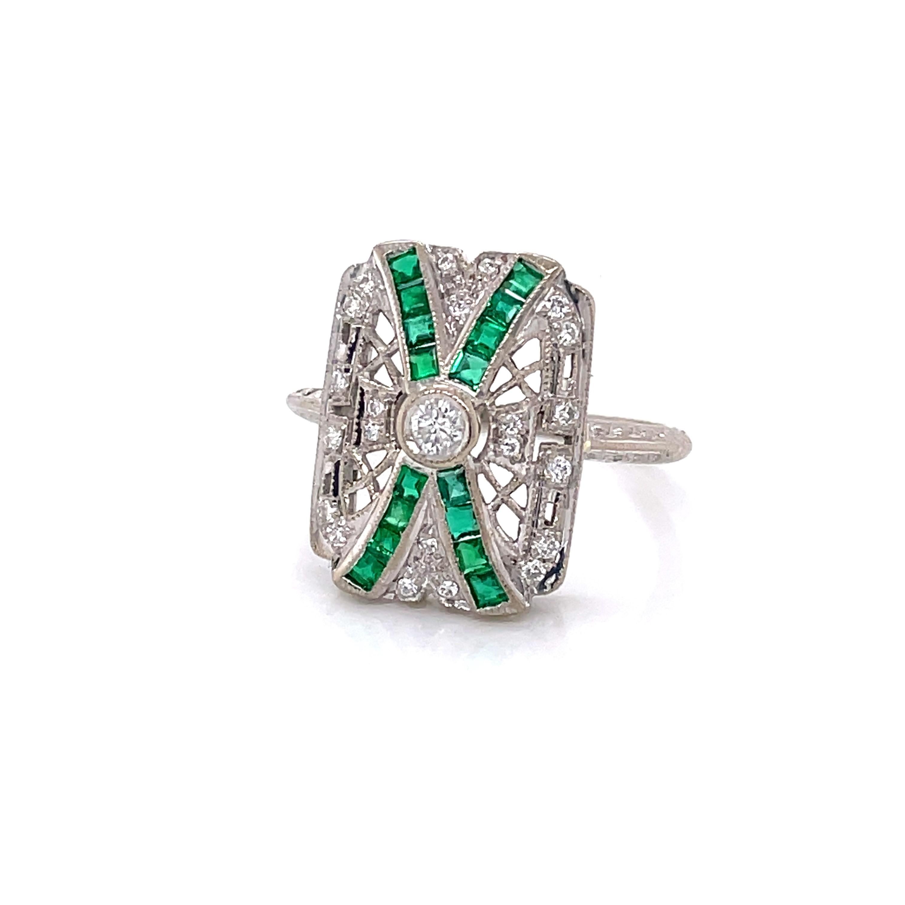 Art Deco Style Emerald Diamond 18K White Gold Ring For Sale 3