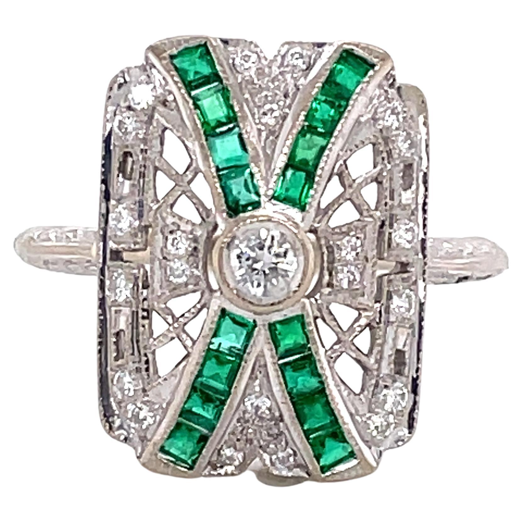 Art Deco Style Emerald Diamond 18K White Gold Ring