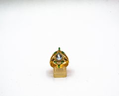 Art Deco Style Emerald Diamond Aquamarine Yellow Gold Triple Cocktail Ring Set