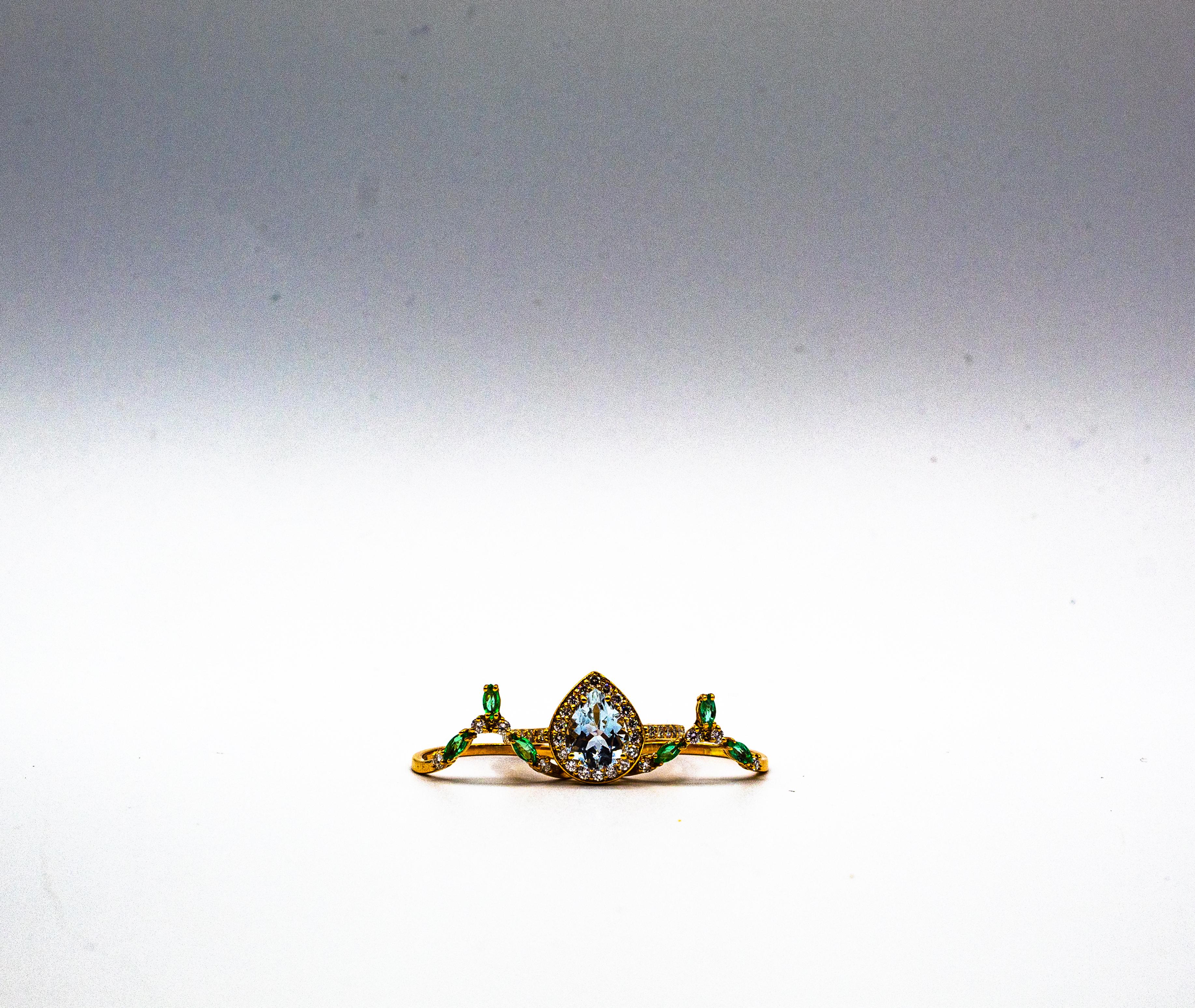 Art Deco Style Emerald Diamond Aquamarine Yellow Gold Triple Cocktail Ring Set For Sale 4