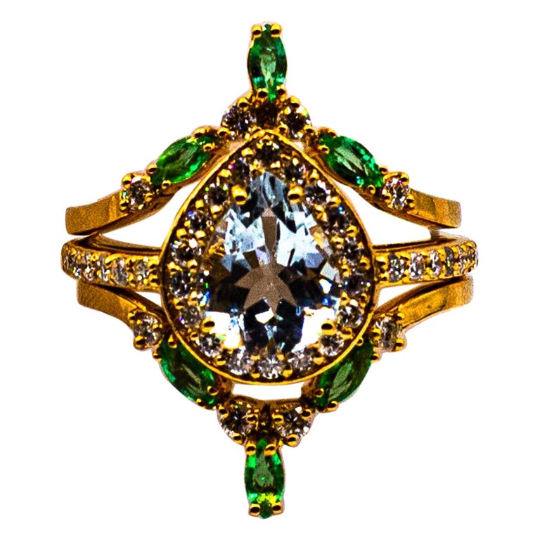 Art Deco Style Emerald Diamond Aquamarine Yellow Gold Triple Cocktail Ring Set For Sale