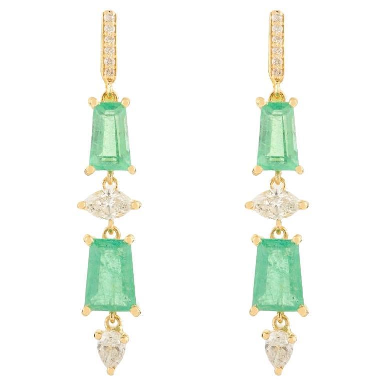 Art Deco Style Emerald & Diamond Dangle Earrings for Woman in 18k Yellow Gold