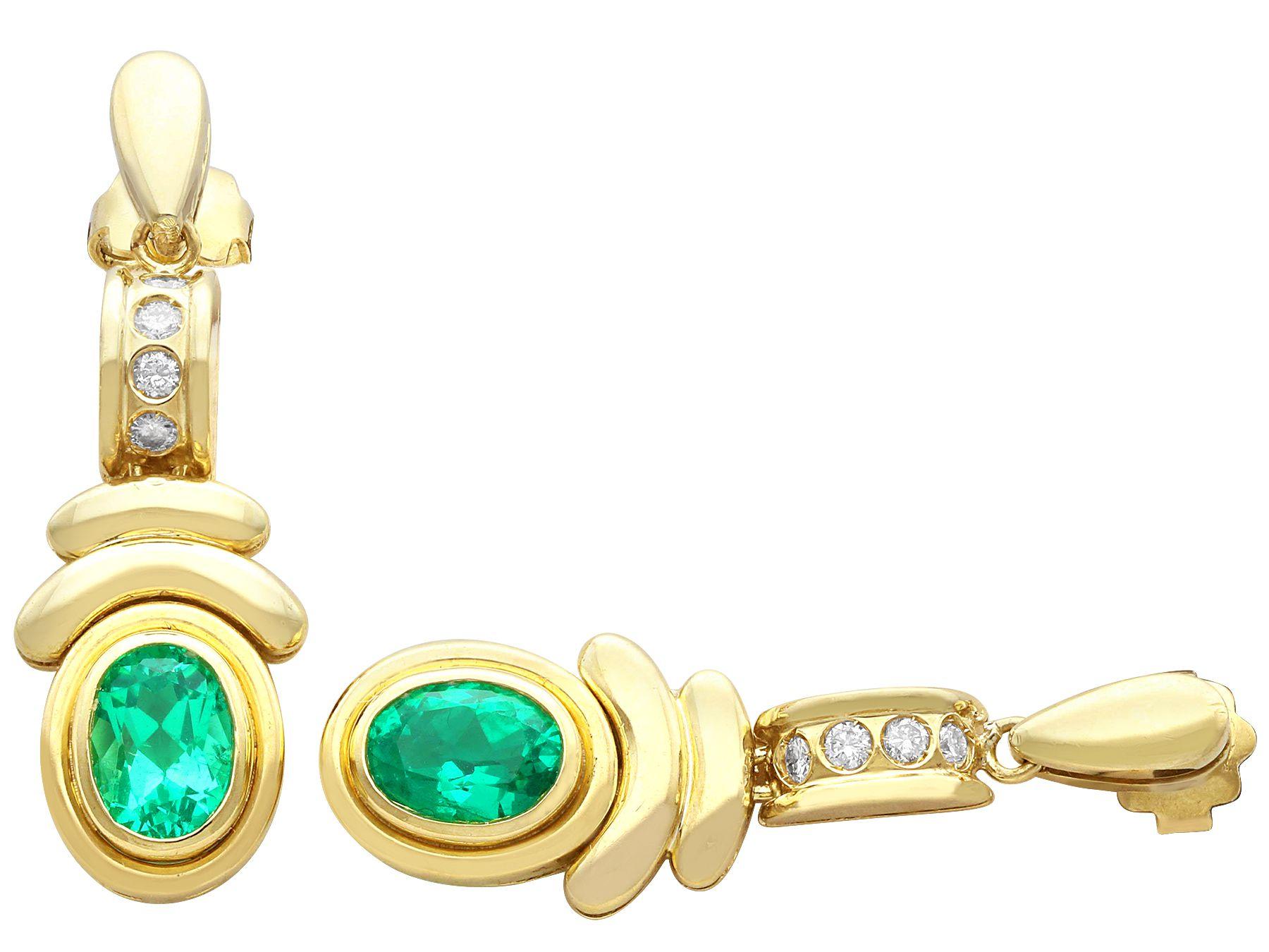Oval Cut Art Deco Style Emerald Diamond  Drop Earrings in 18k Yellow Gold For Sale