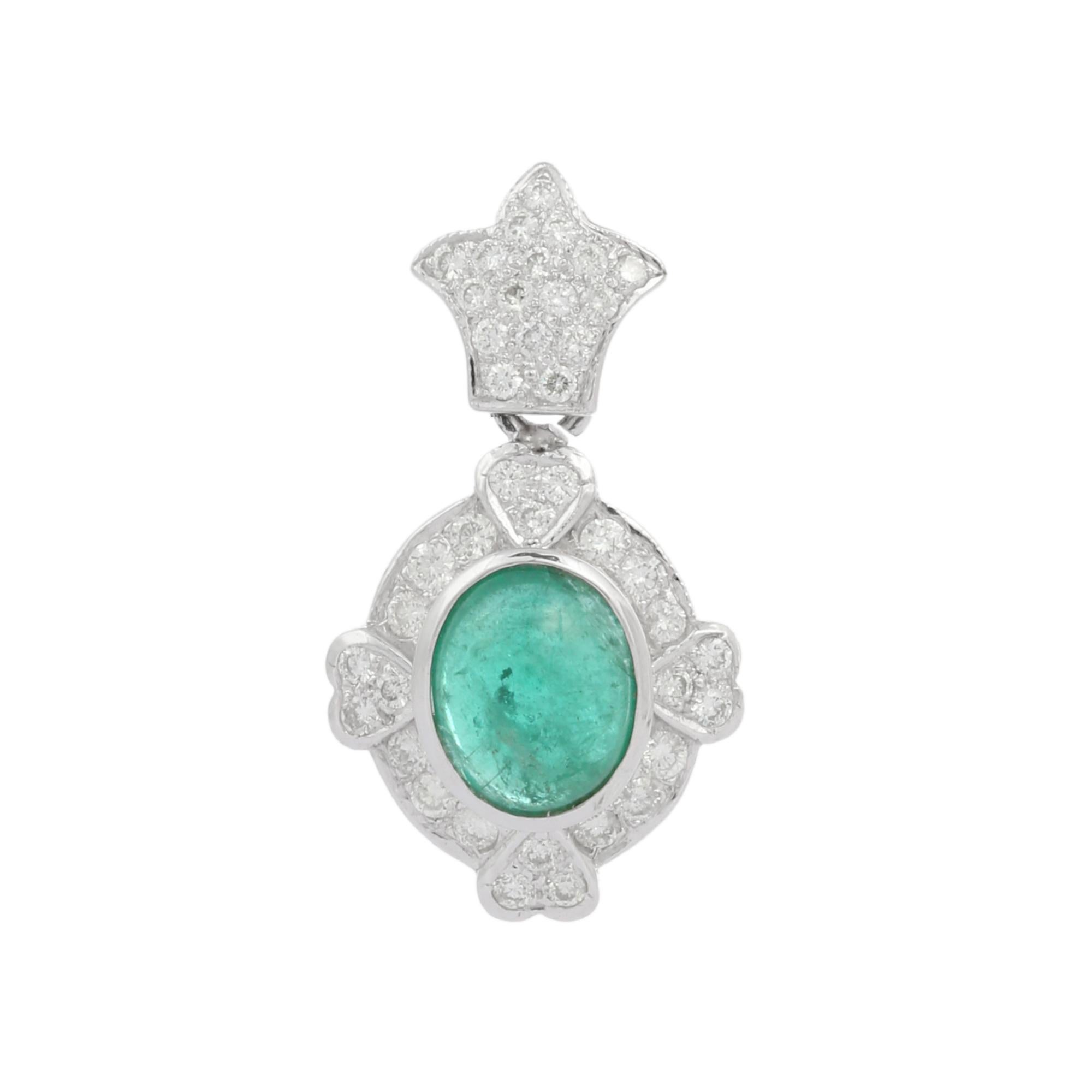 Oval Cut Art Deco Style Emerald Diamond Pendant Necklace in 18K White Gold For Sale